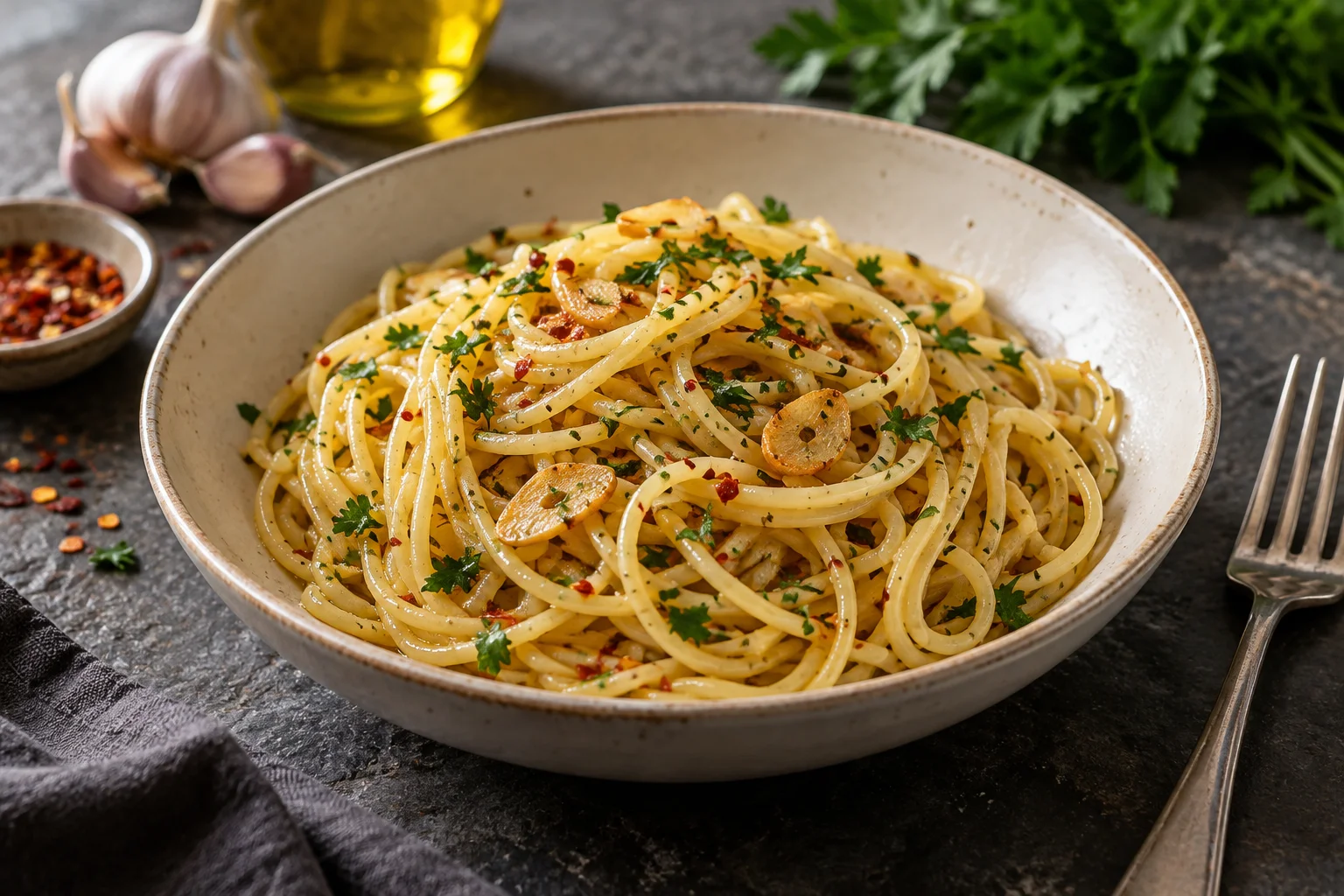 Spaghetti mit Olivenöl, Knoblauchscheiben, Chili und Petersilie
