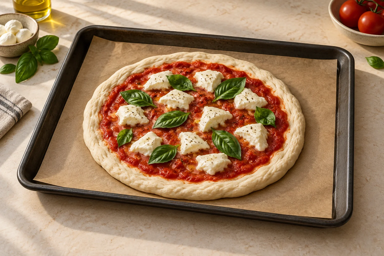 Ungebackene Pizza auf zugeschnittenem Backpapier innerhalb eines dunklen Backblechs