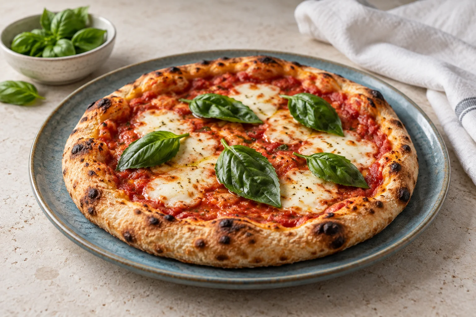 Frische Basilikumblätter auf einer gebackenen Pizza mit Tomate und Mozzarella