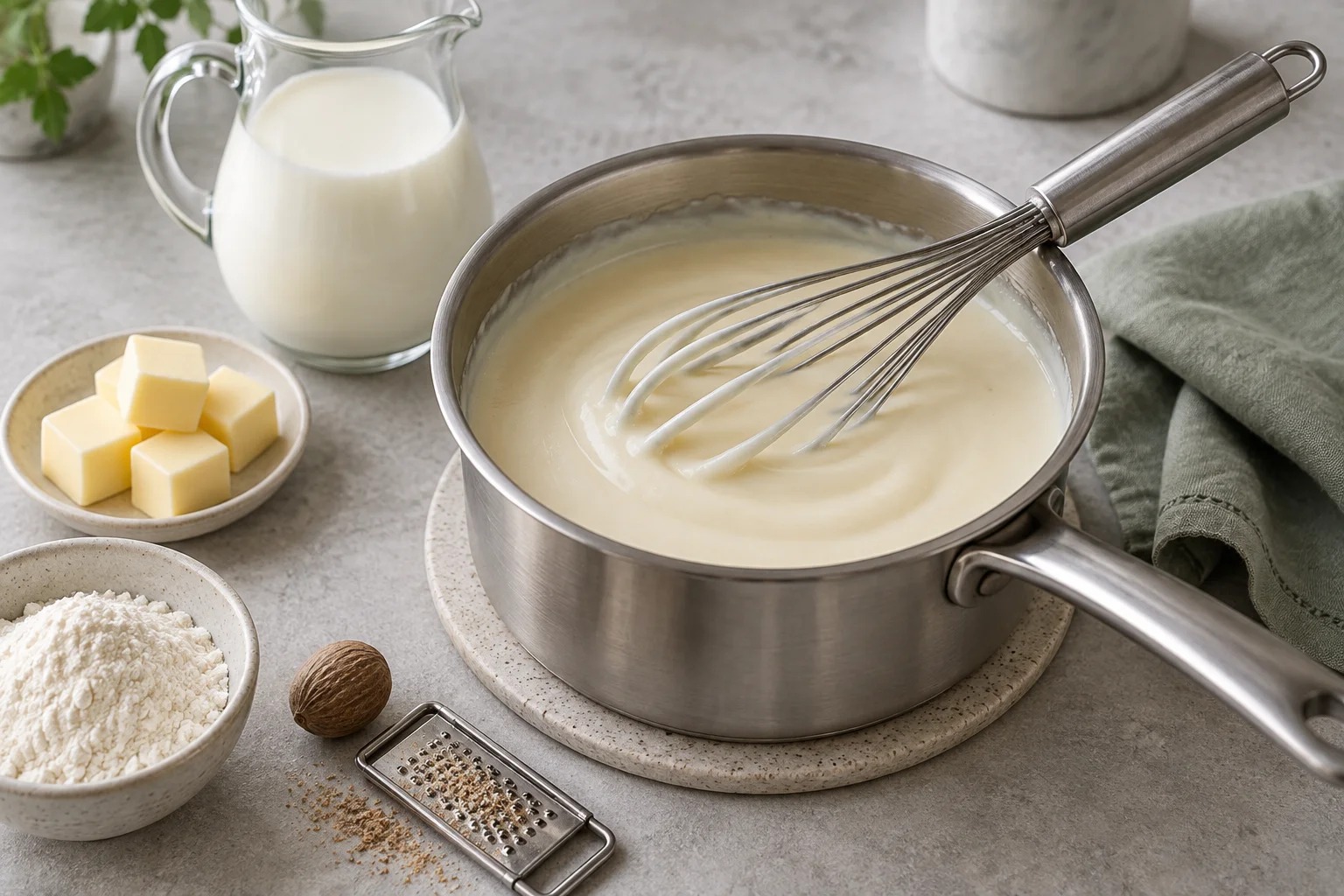 Helle Béchamelsauce mit Schneebesen im Topf neben Milch, Butter und Mehl