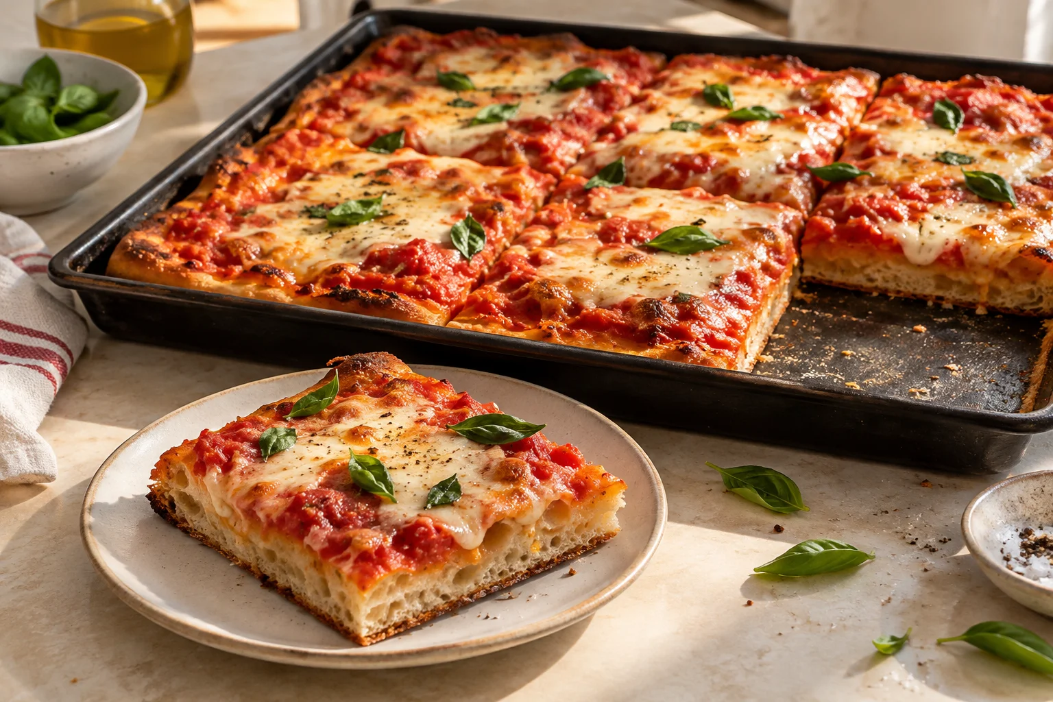 Blechpizza mit Tomate und Mozzarella, ein Stück zeigt den lockeren Teig