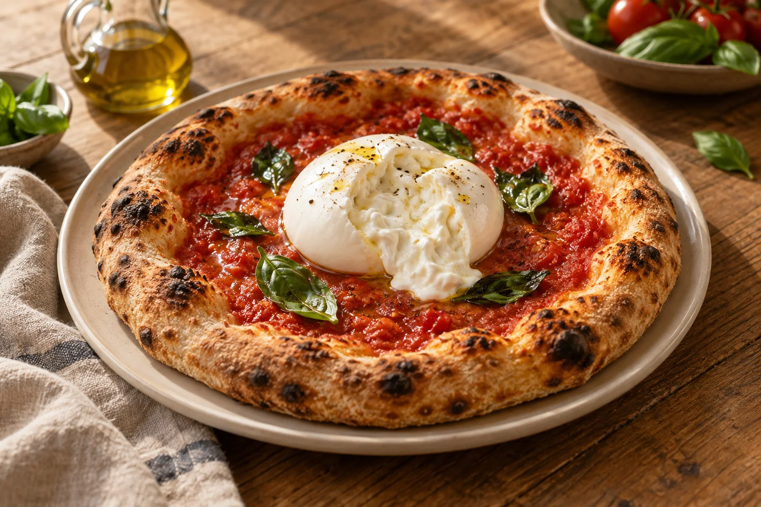 Geöffnete Burrata mit cremiger Füllung auf gebackener Tomatenpizza
