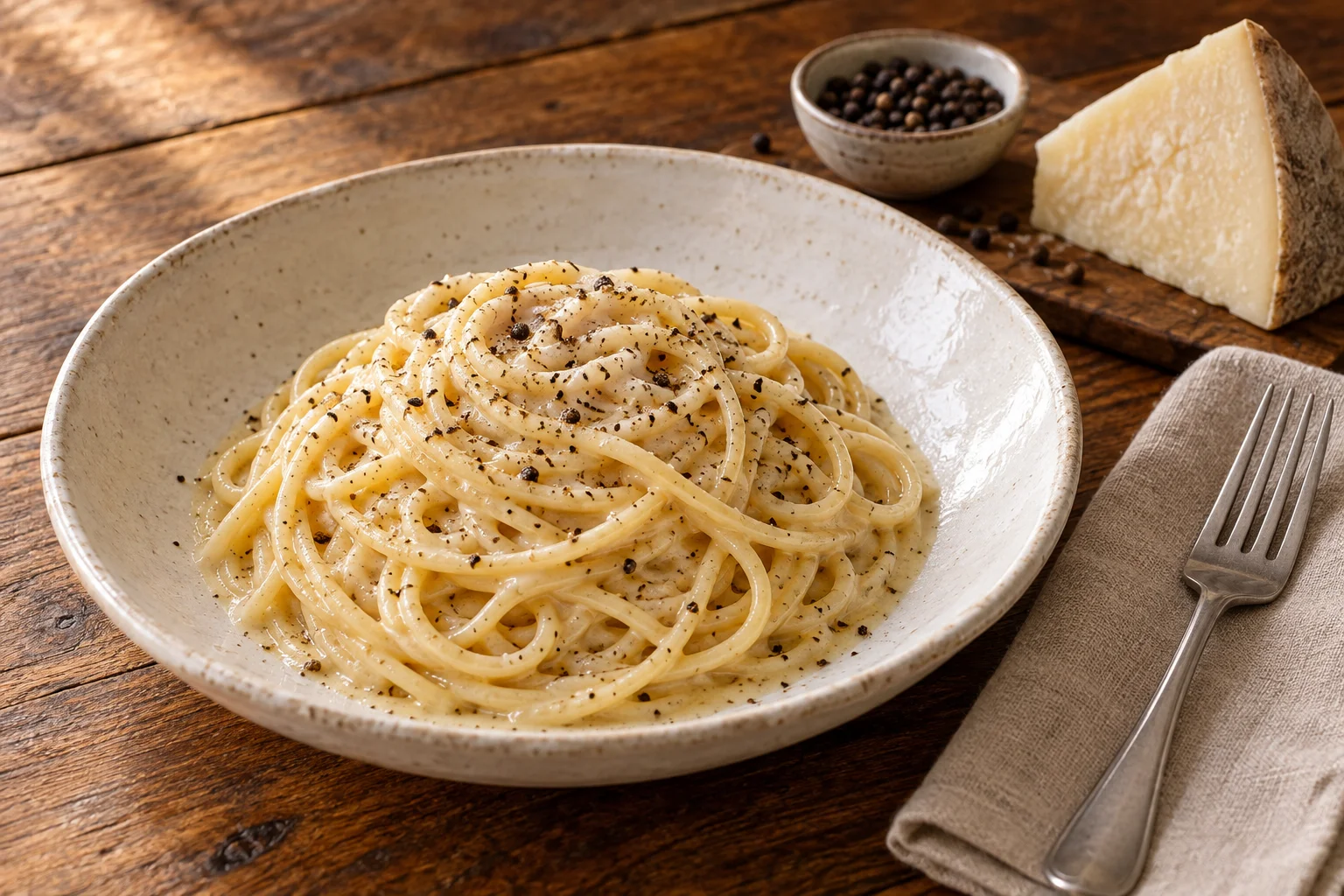 Spaghetti mit heller Pecorinosauce und schwarzem Pfeffer