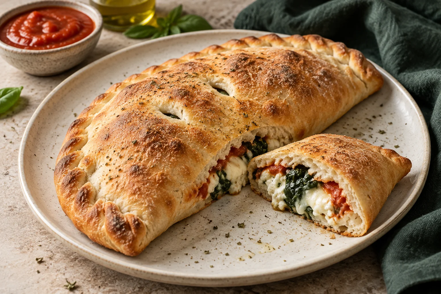 Goldbraun gebackene Calzone mit geschlossenem Rand und sichtbarer Käse-Spinat-Füllung am Anschnitt.