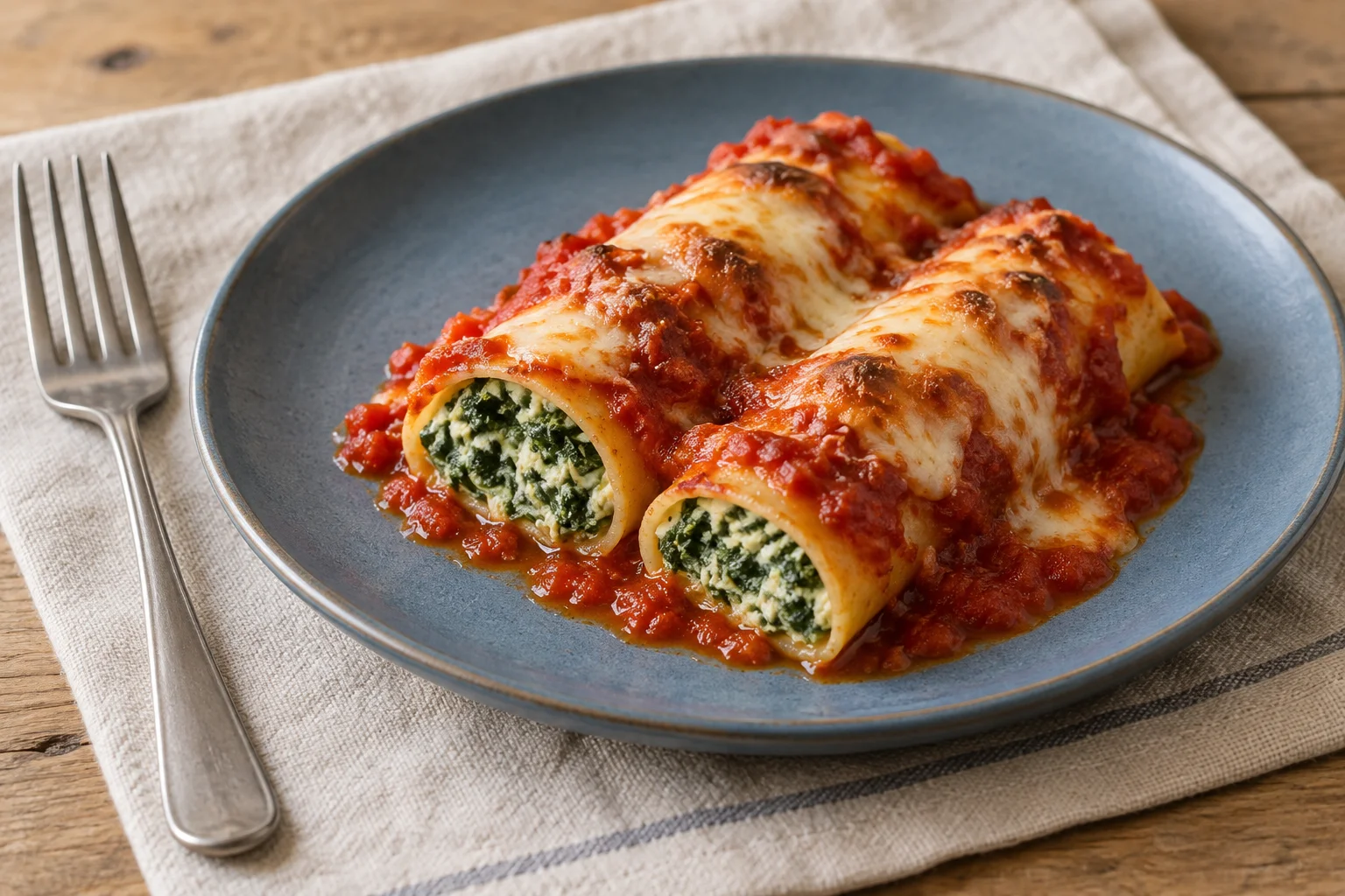 Cannelloni mit sichtbarer Spinat-Ricotta-Füllung, Tomatensauce und geschmolzenem Mozzarella