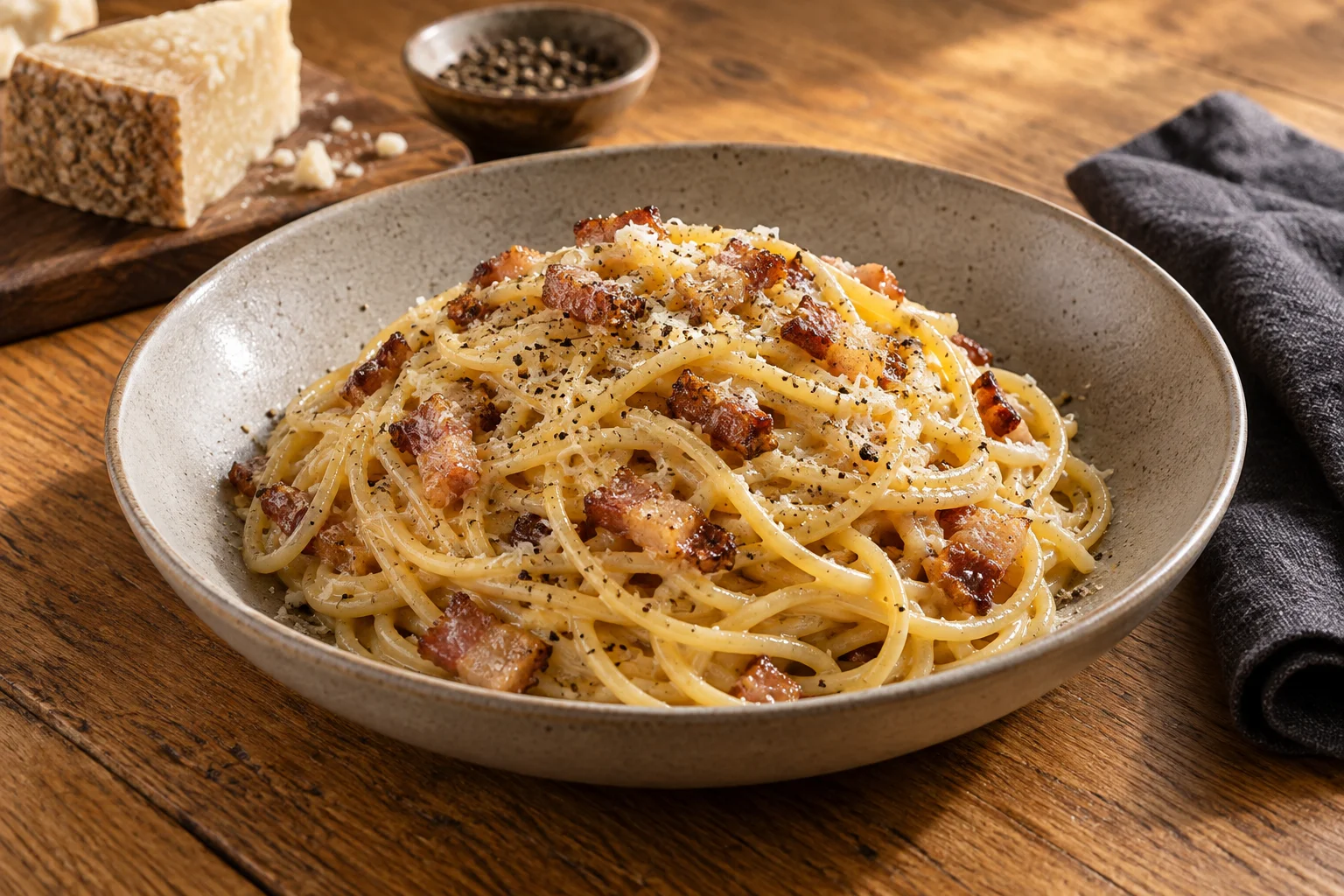 Spaghetti Carbonara mit gebratenen Guancialestücken und schwarzem Pfeffer