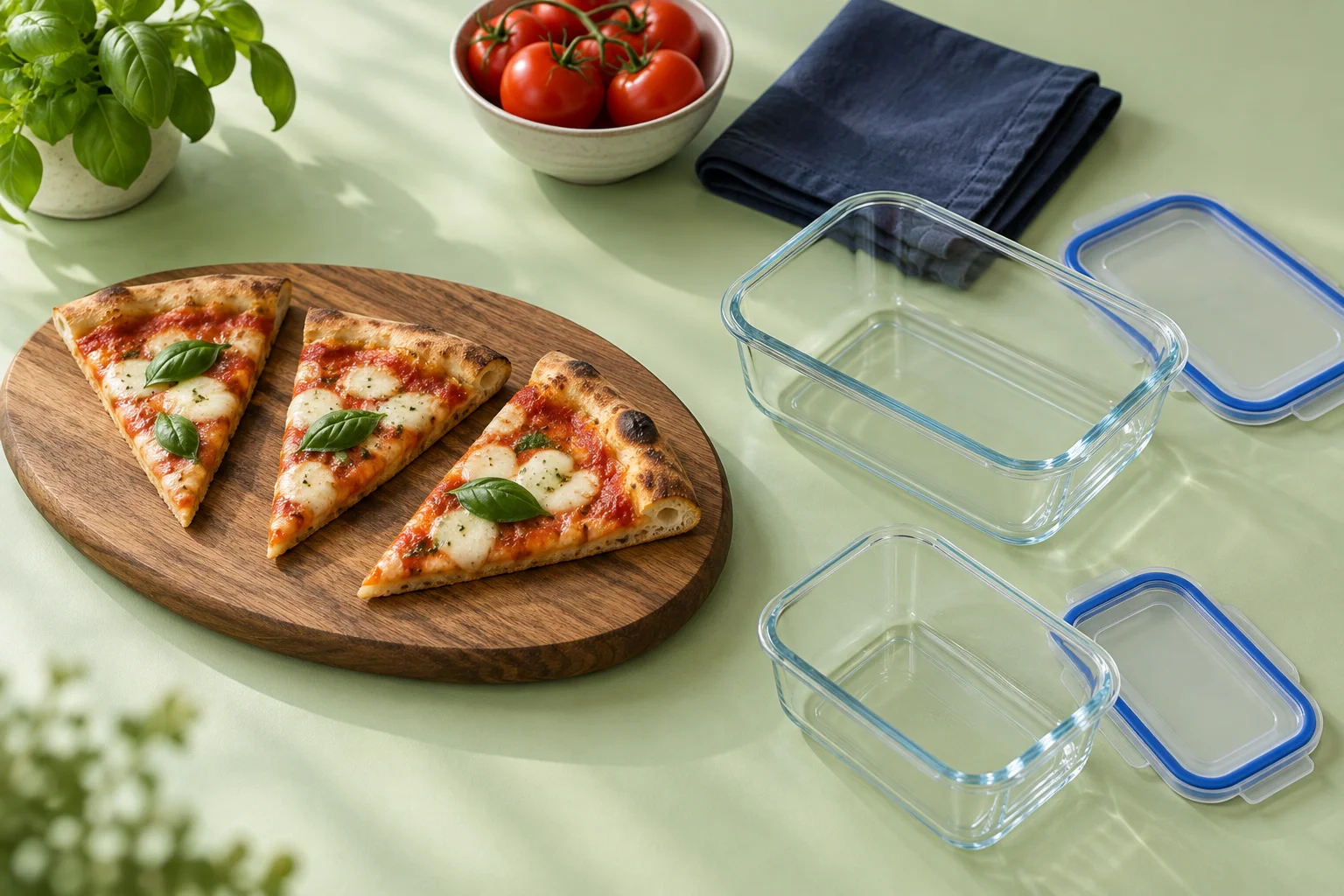 Drei Pizzastücke neben leeren Glasbehältern mit passenden Deckeln