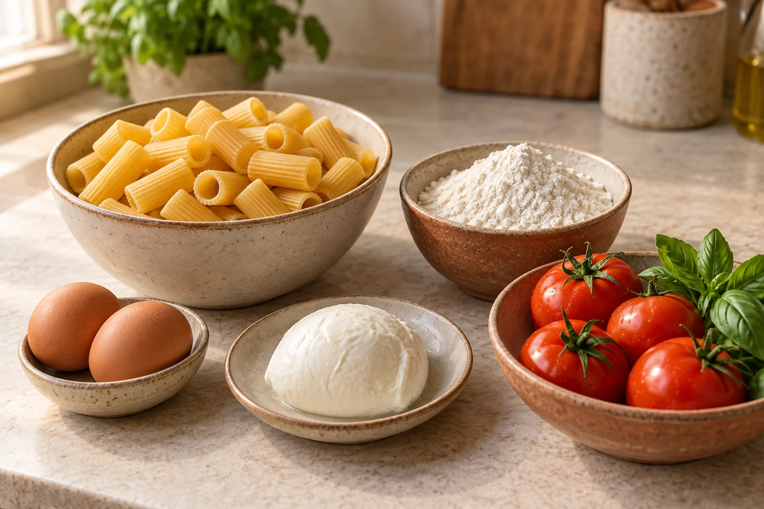 Rigatoni, Mehl, Eier, Mozzarella und Tomaten in getrennten Schalen