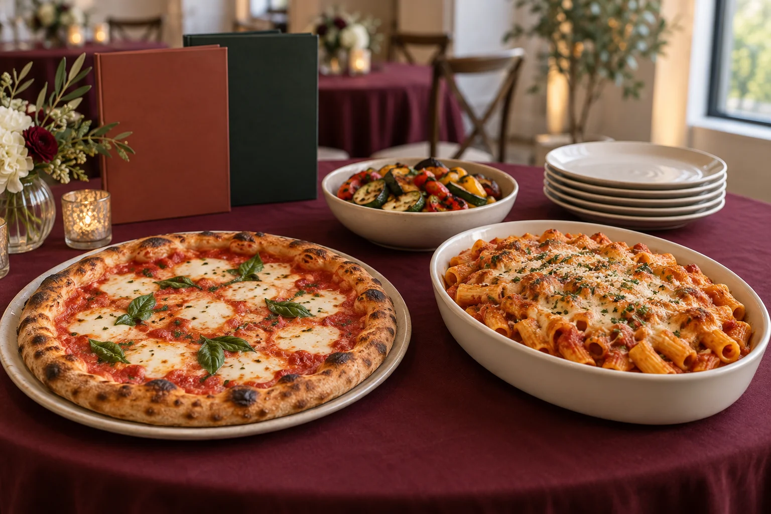 Pizza, überbackene Rigatoni und Gemüse neben zwei geschlossenen Menümappen