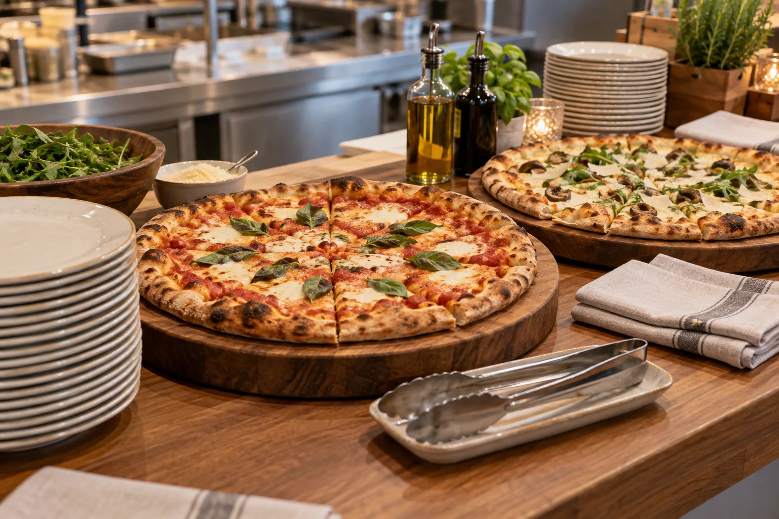 Vorbereitete Pizzaausgabe mit Servierbrettern, Tellern und Besteck