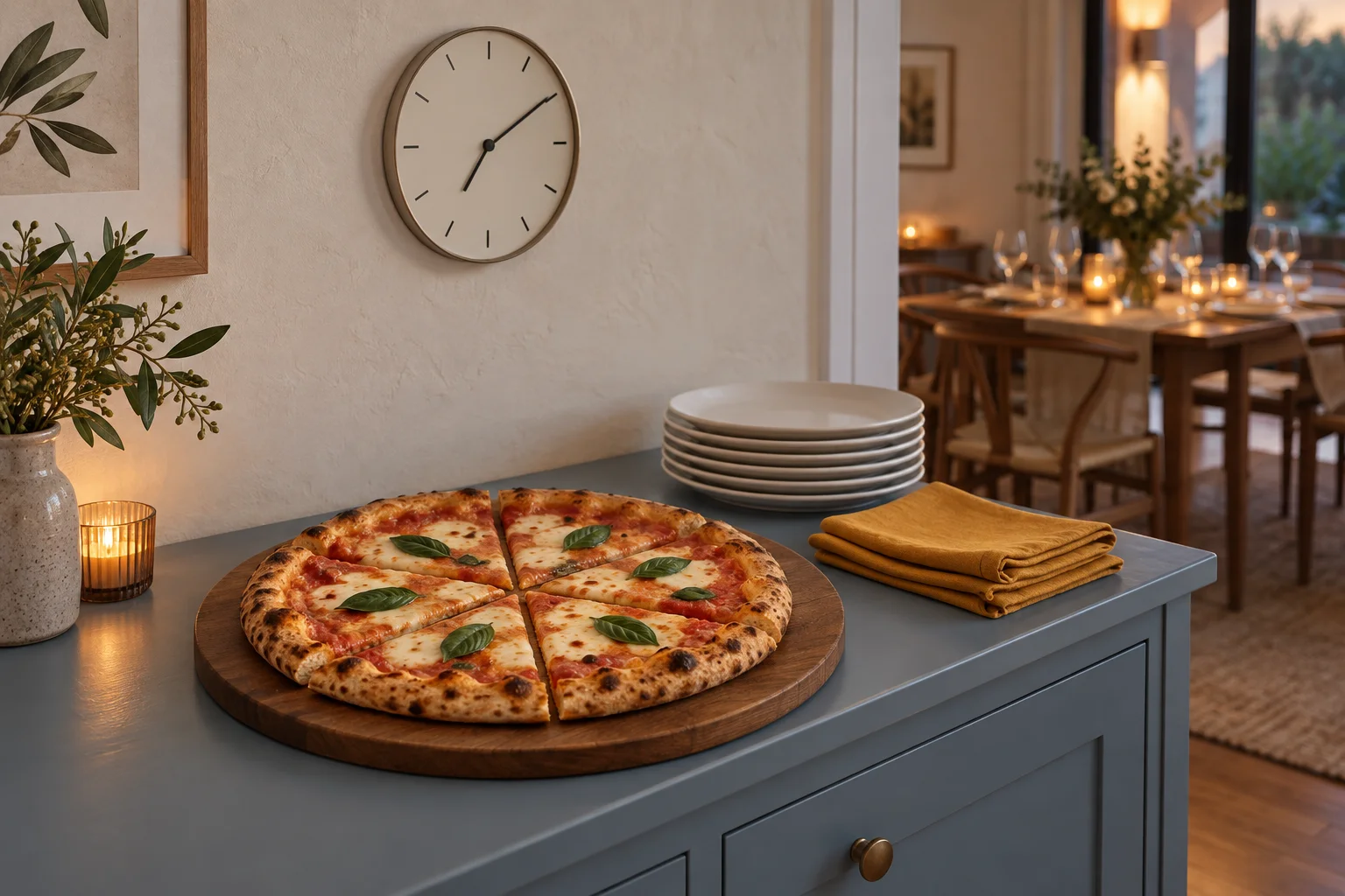 Geschnittene Pizza auf einem Holzbrett mit Tellern und einer Wanduhr im Hintergrund