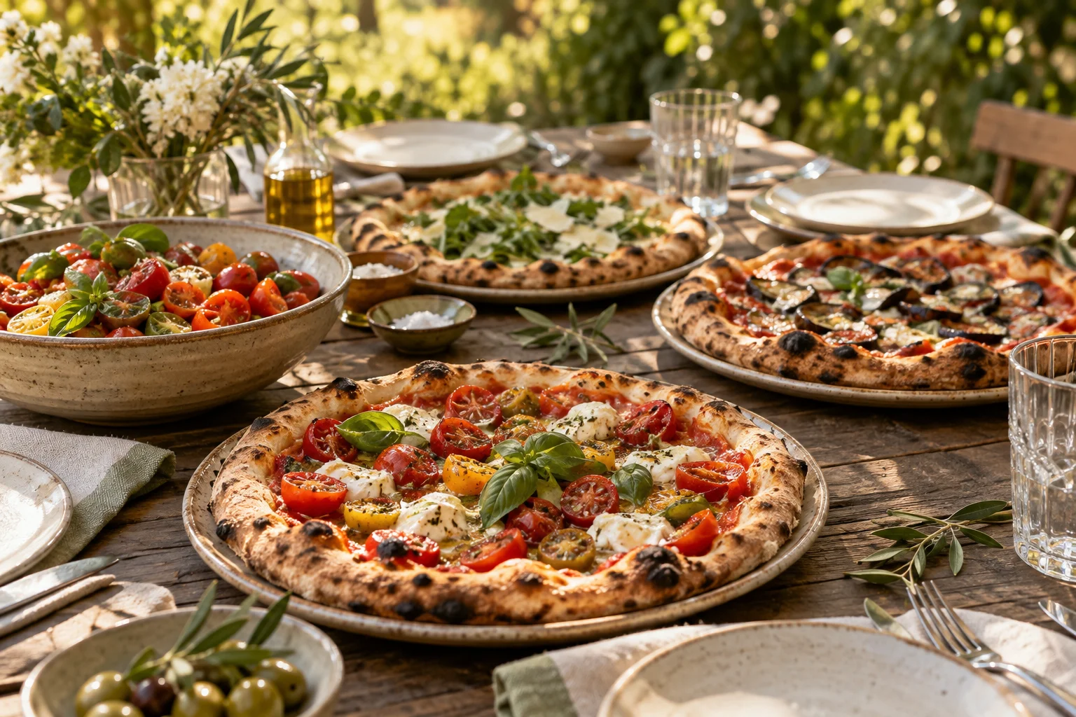 Gemeinsamer Pizzaabend mit verschiedenen Pizzen und Tomatensalat