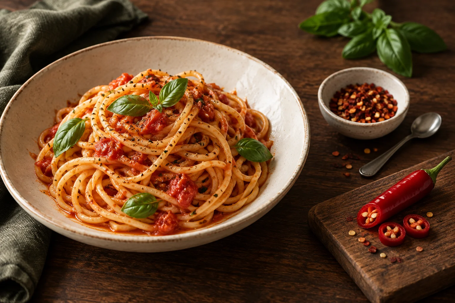 Spaghetti mit Tomatensauce neben Chiliflocken und einer frischen roten Chili