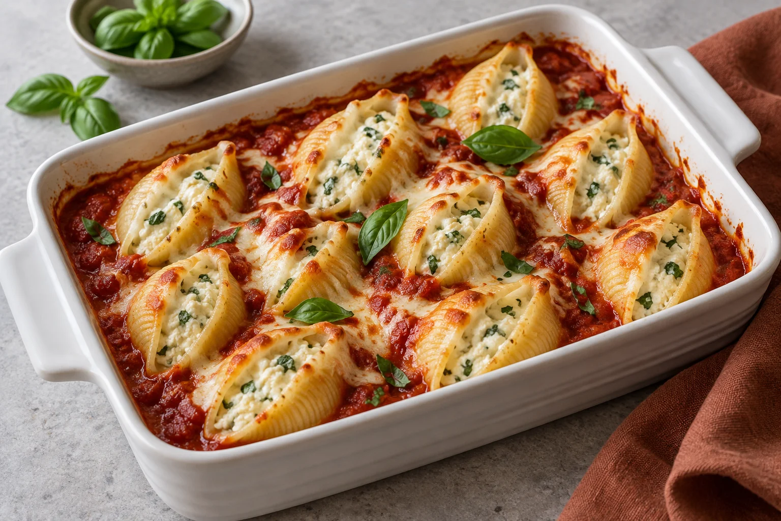 Große Muschelnudeln mit heller Ricotta-Basilikum-Füllung in Tomatensauce