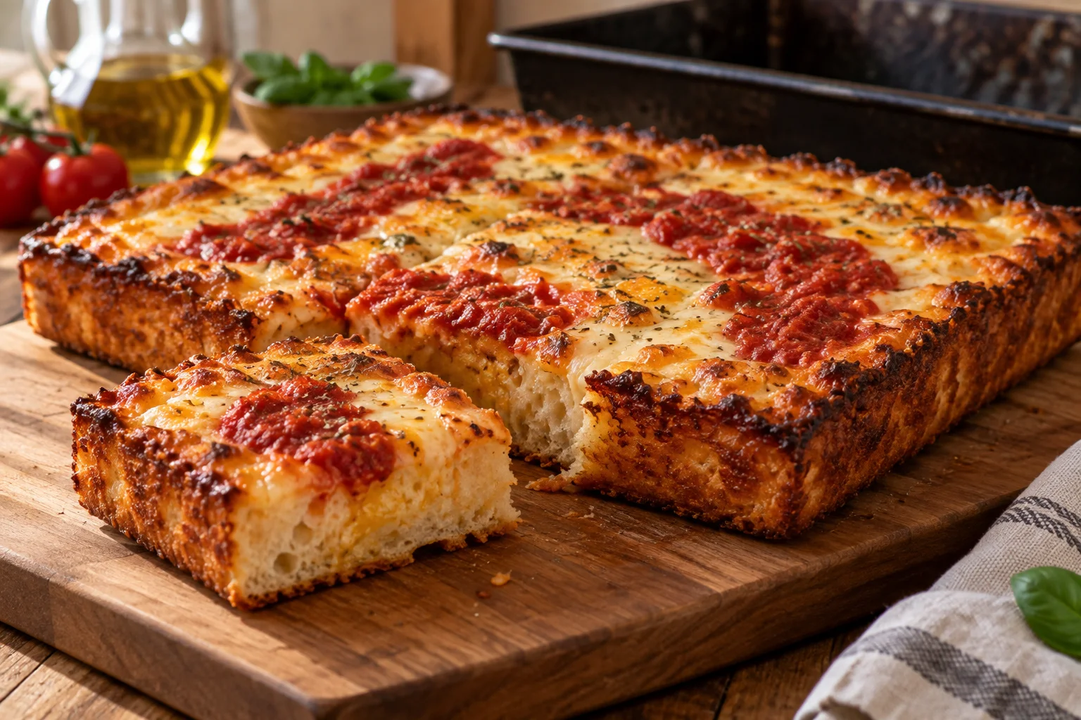Rechteckige Detroit-Style Pizza mit Käserand und Tomatenstreifen, ein Eckstück zeigt den luftigen Boden