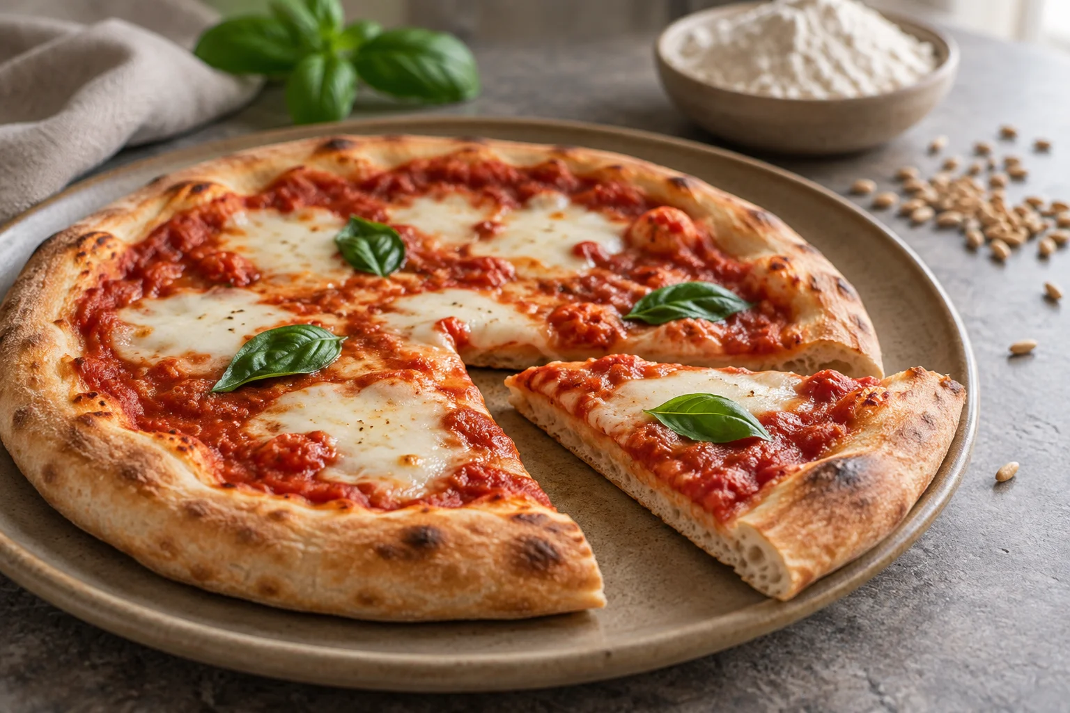 Helle Dinkelpizza mit Tomate, Mozzarella und Basilikum, ein Stück zeigt den dünnen Boden