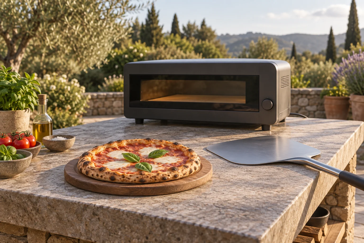 Pizza auf einem Brett vor einem elektrischen Tischofen auf einer offenen Terrasse