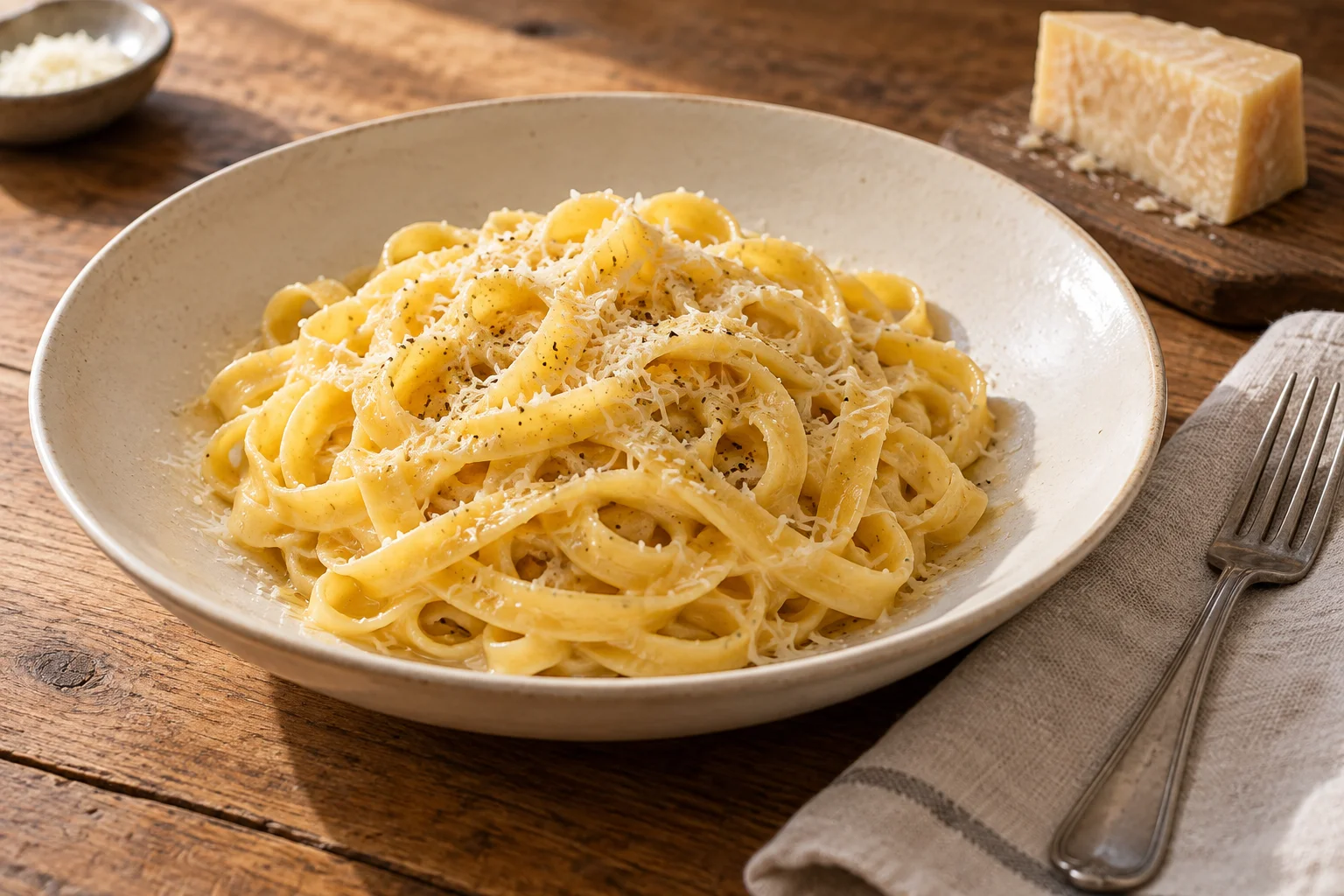 Fettuccine mit glänzender Butter-Parmesan-Sauce und schwarzem Pfeffer
