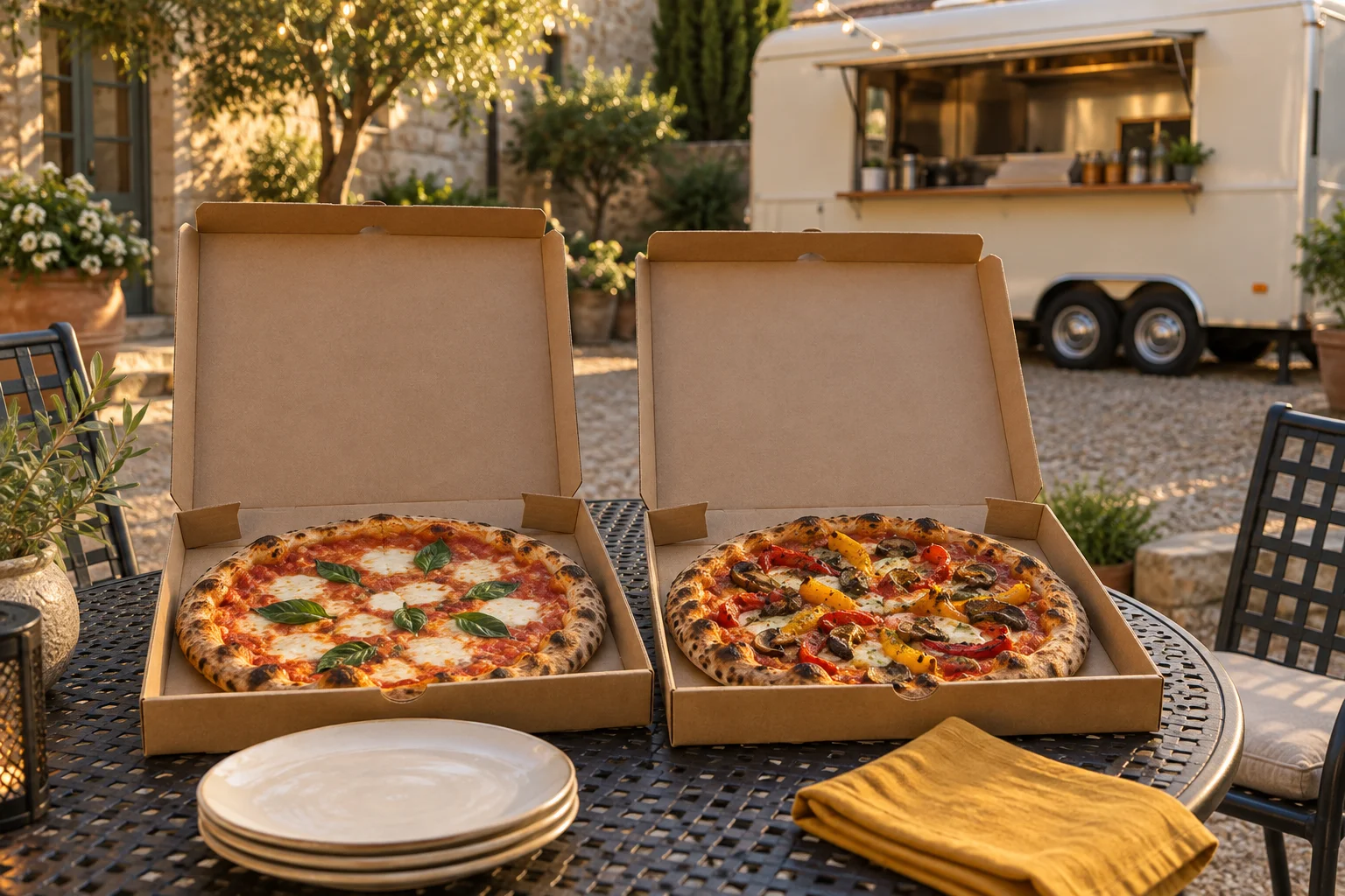 Zwei offene Pizzakartons auf einem Gartentisch vor einem Cateringanhänger