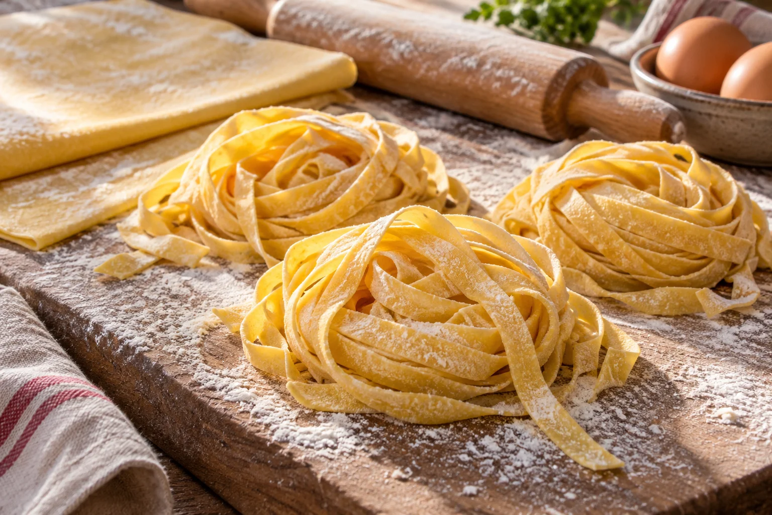Frische Tagliatelle und ausgerollter Eiernudelteig auf einem Holzbrett