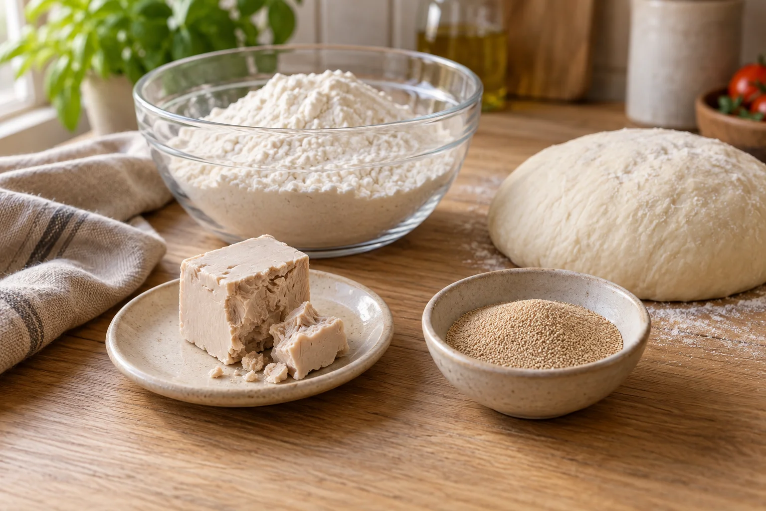 Frische Hefe und feine Trockenhefe neben Mehl und Pizzateig