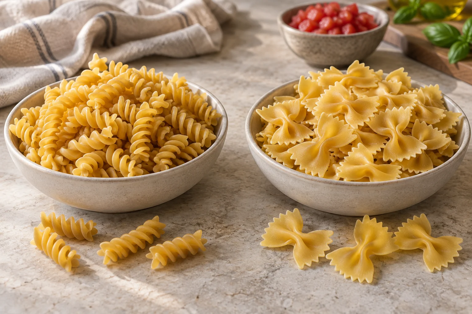 Spiralförmige Fusilli und Farfalle mit gefalteter Mitte in zwei Schalen