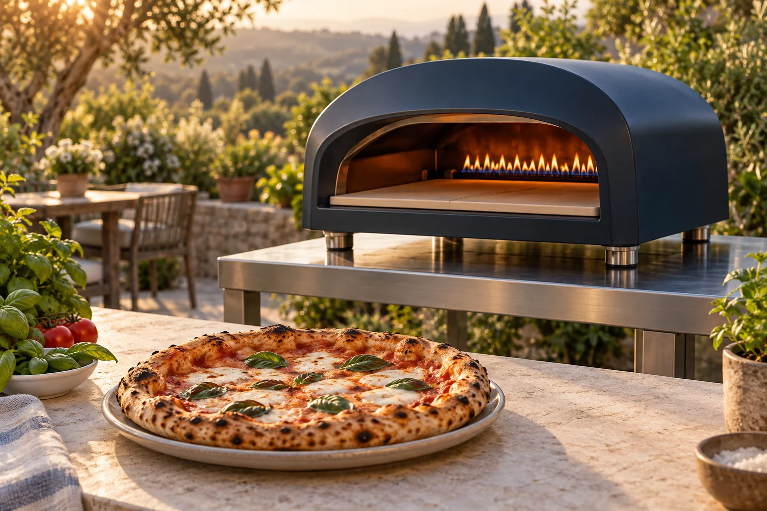 Pizza vor einem dunkelblauen Gas-Pizzaofen mit sichtbarer Brennerflamme auf einer offenen Terrasse