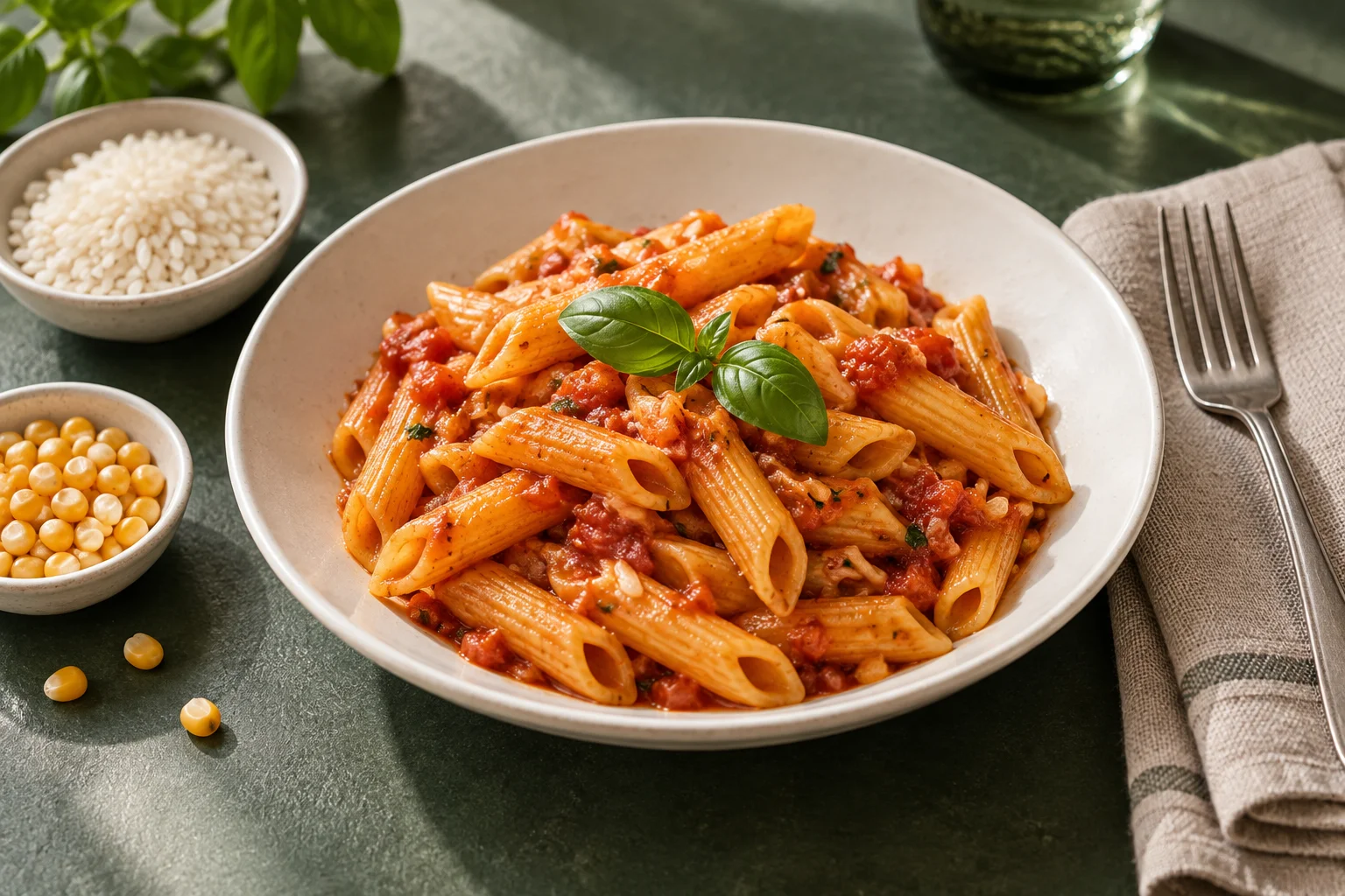 Penne in Tomatensauce neben Reis und Maiskörnern in kleinen Schalen