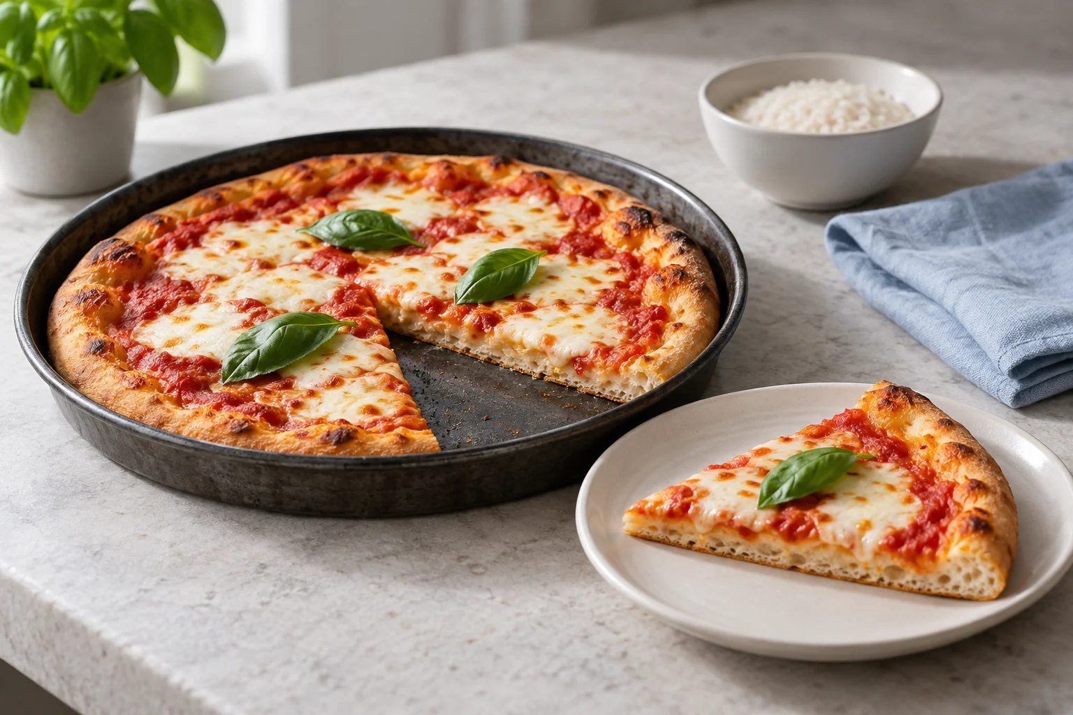 Pizza mit Tomate und Mozzarella in einer runden Backform, daneben ein angeschnittenes Stück