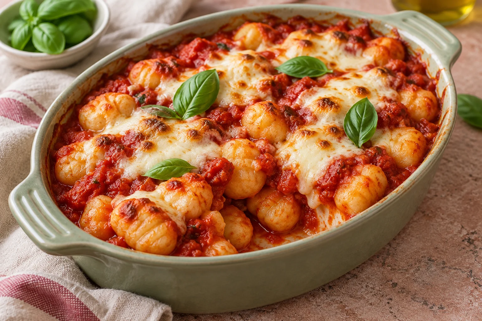 Überbackene Kartoffelgnocchi mit Tomatensauce, Mozzarella und Basilikum