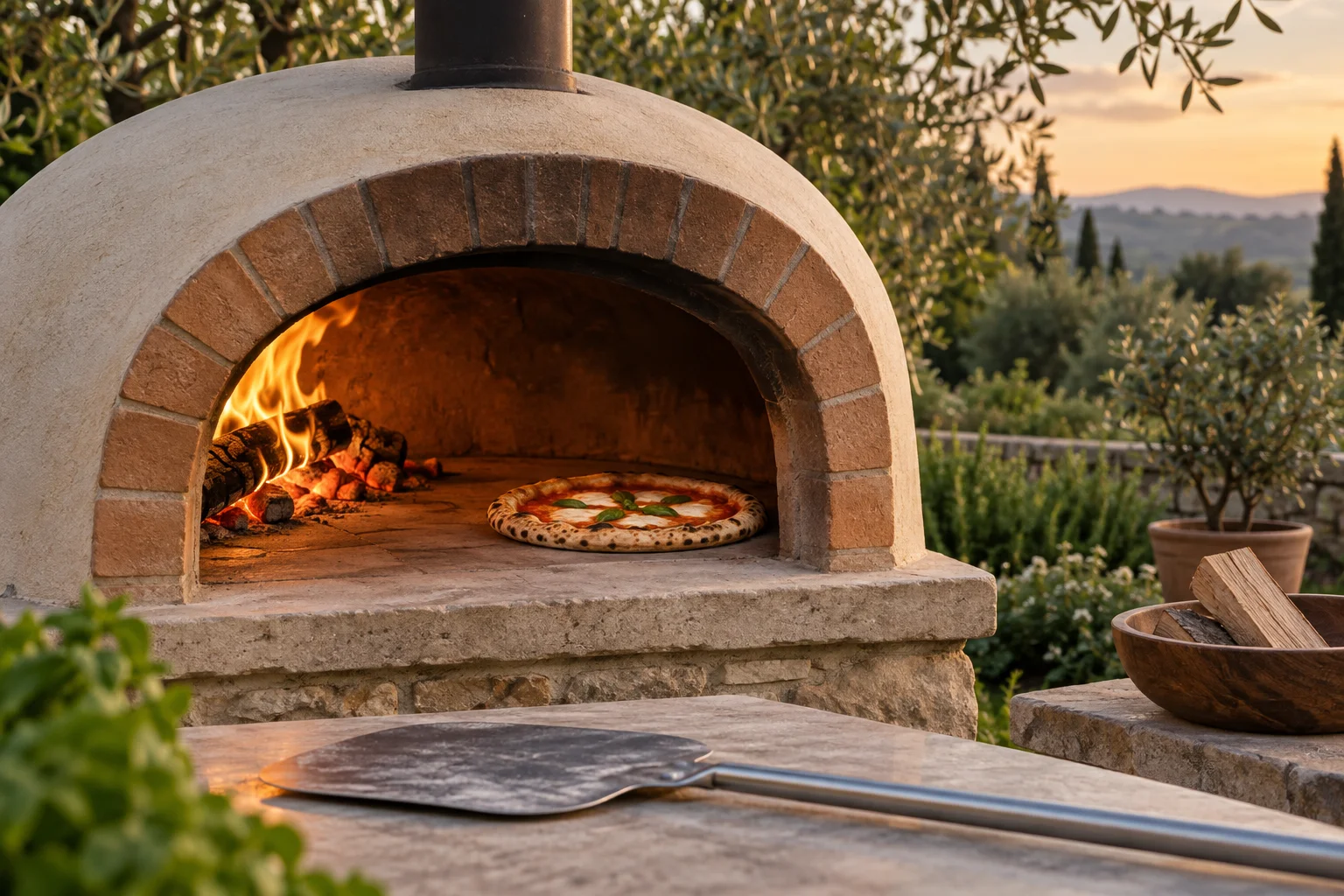 Pizza auf dem Steinboden eines gemauerten Holzofens neben einem kleinen Holzfeuer