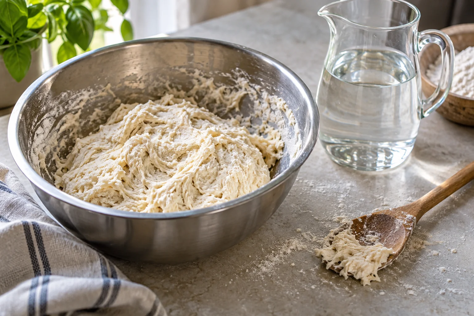 Wasserkrug neben einer Schüssel mit feuchtem Pizzateig