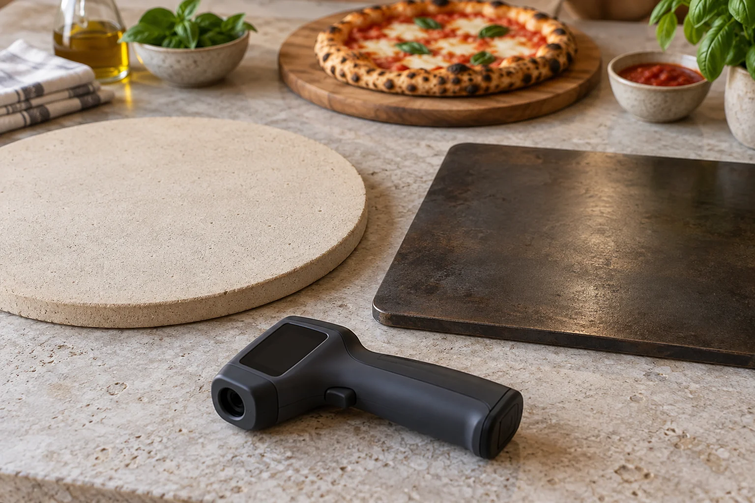 Infrarotthermometer vor einem hellen Backstein und dunklem Pizzastahl