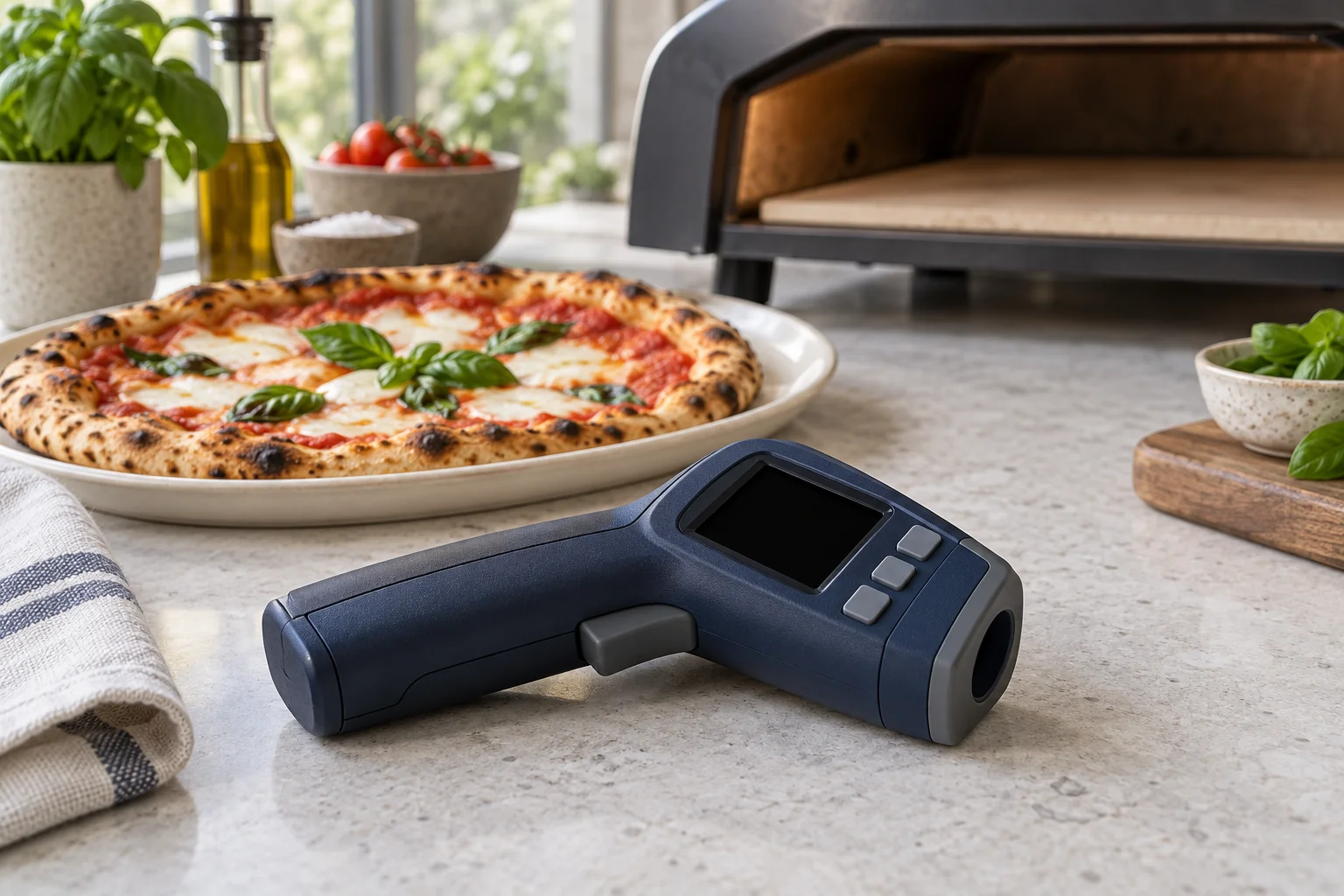 Dunkelblaues Infrarotthermometer mit ausgeschaltetem Display neben einer Pizza und einem Ofen