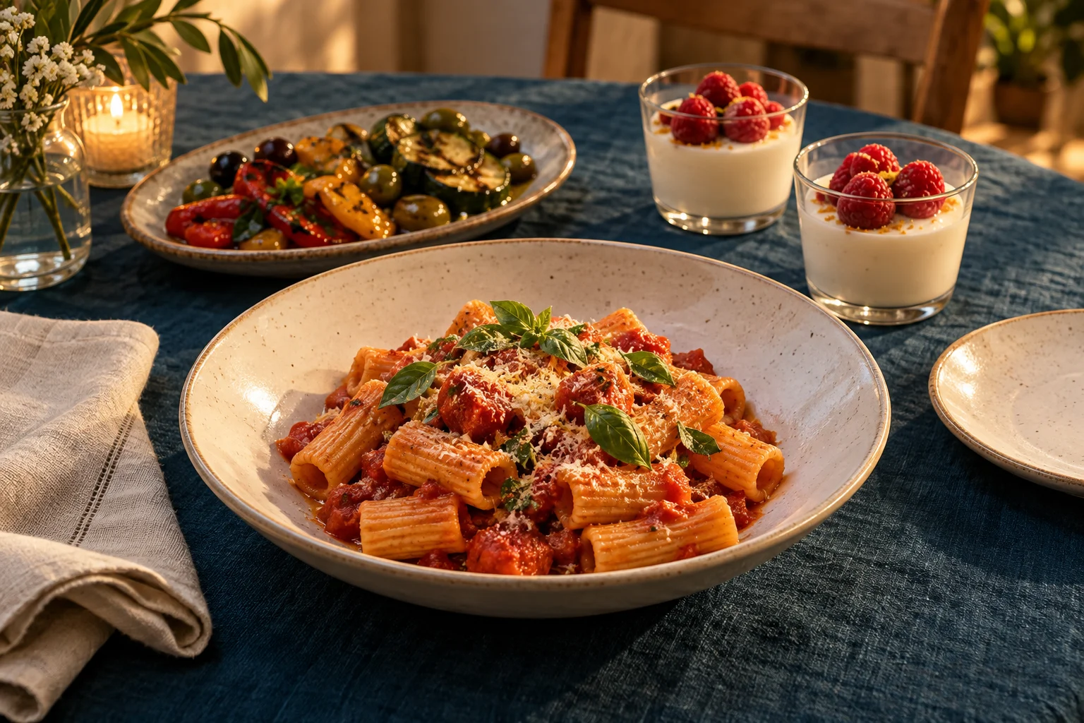 Rigatoni mit Tomatensauce, Gemüseantipasti und zwei Desserts auf einem gedeckten Tisch