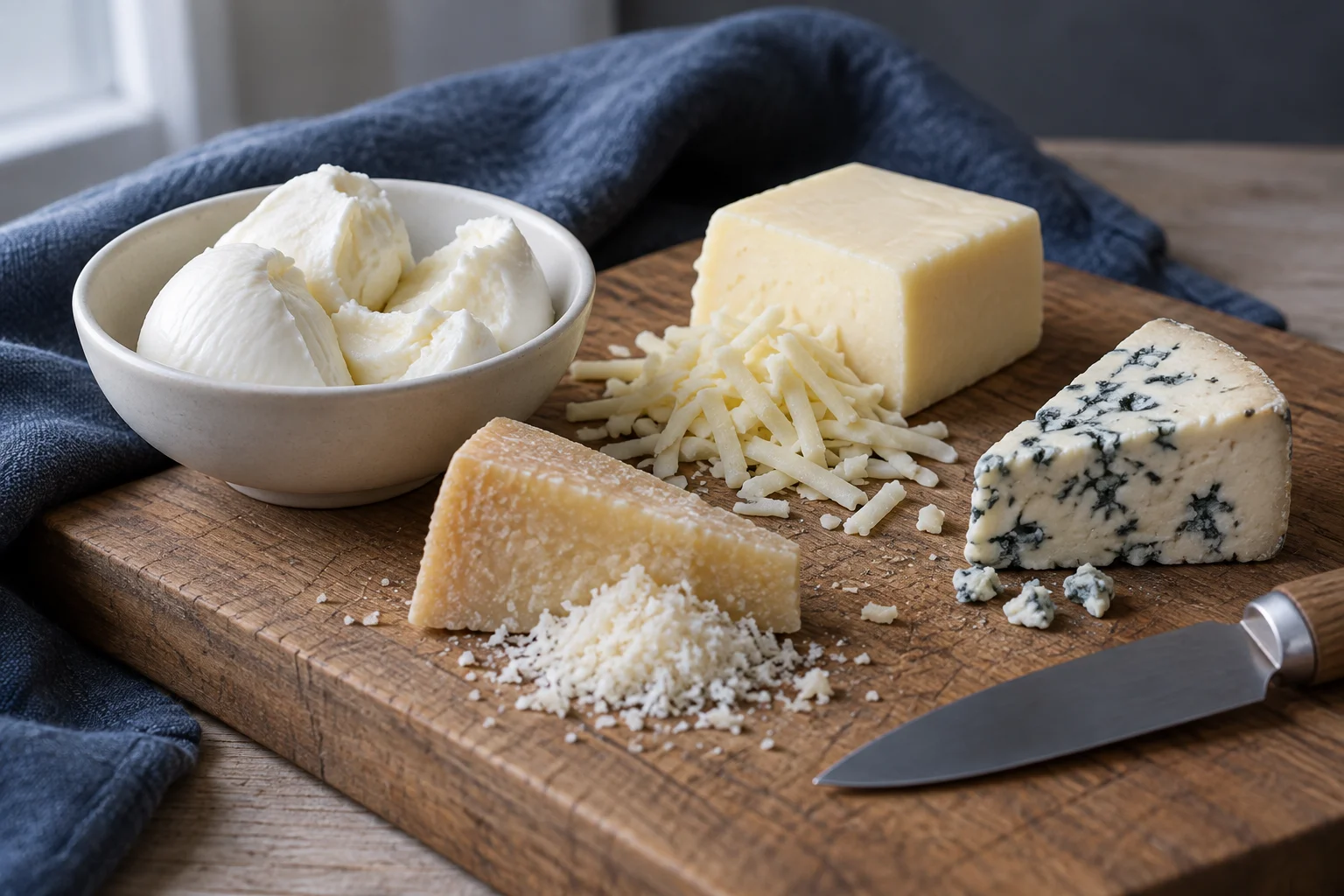 Frischer Mozzarella, geriebener fester Käse, Hartkäse und ein kleines Stück Blauschimmelkäse auf einem Brett