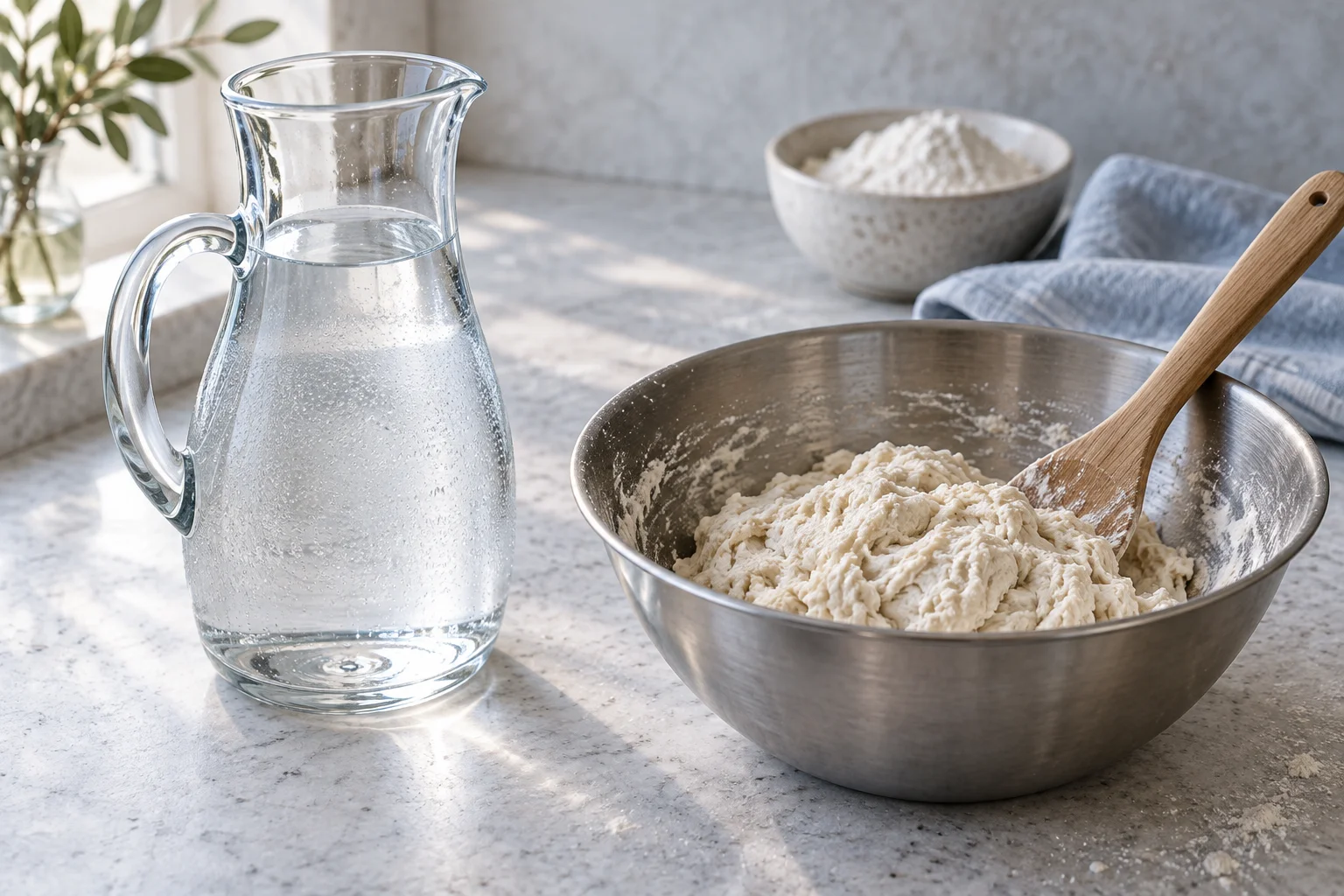Wasserkaraffe neben frisch gemischtem Pizzateig in einer Metallschüssel