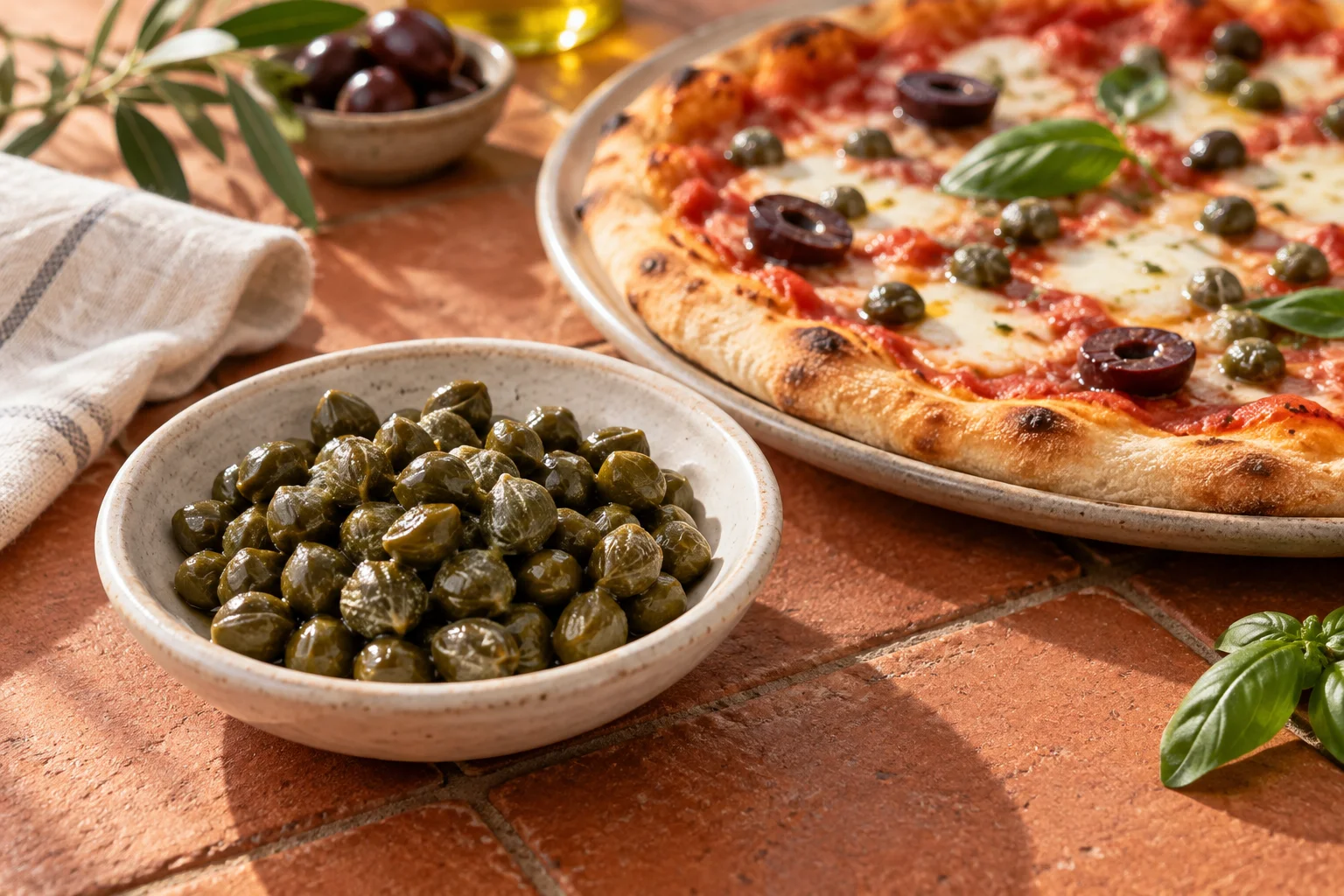Kleine abgetropfte Kapern neben einer Pizza mit Tomaten und Kapern