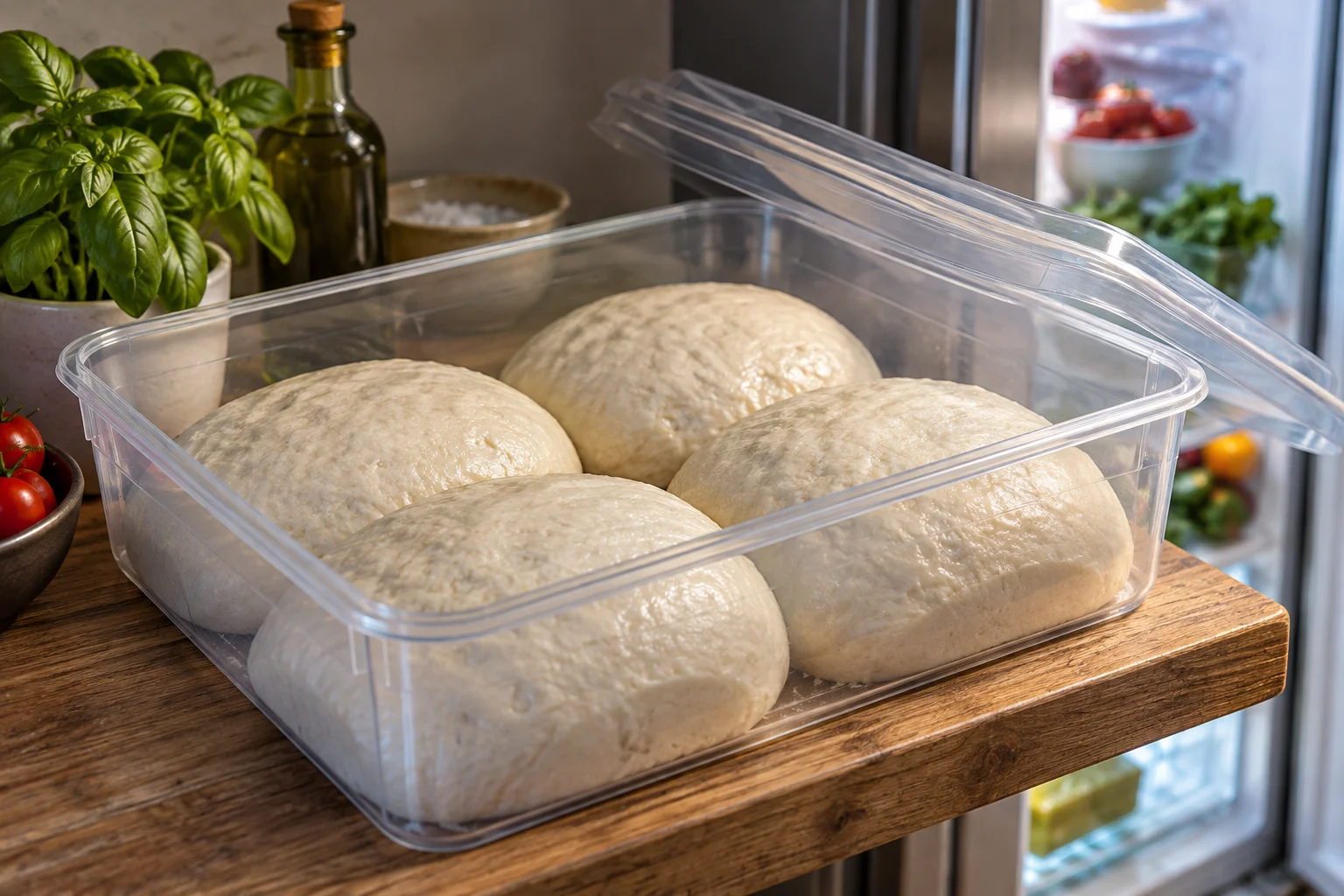 Gereifte Pizzateiglinge in einer durchsichtigen Teigbox