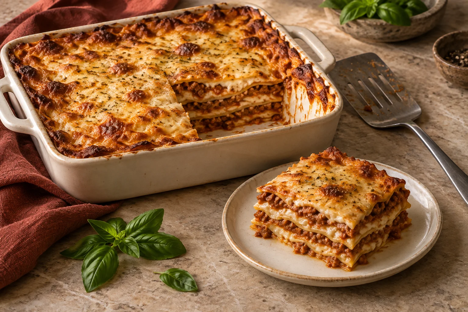 Angeschnittene Lasagne in einer Auflaufform mit einer Portion auf einem Teller