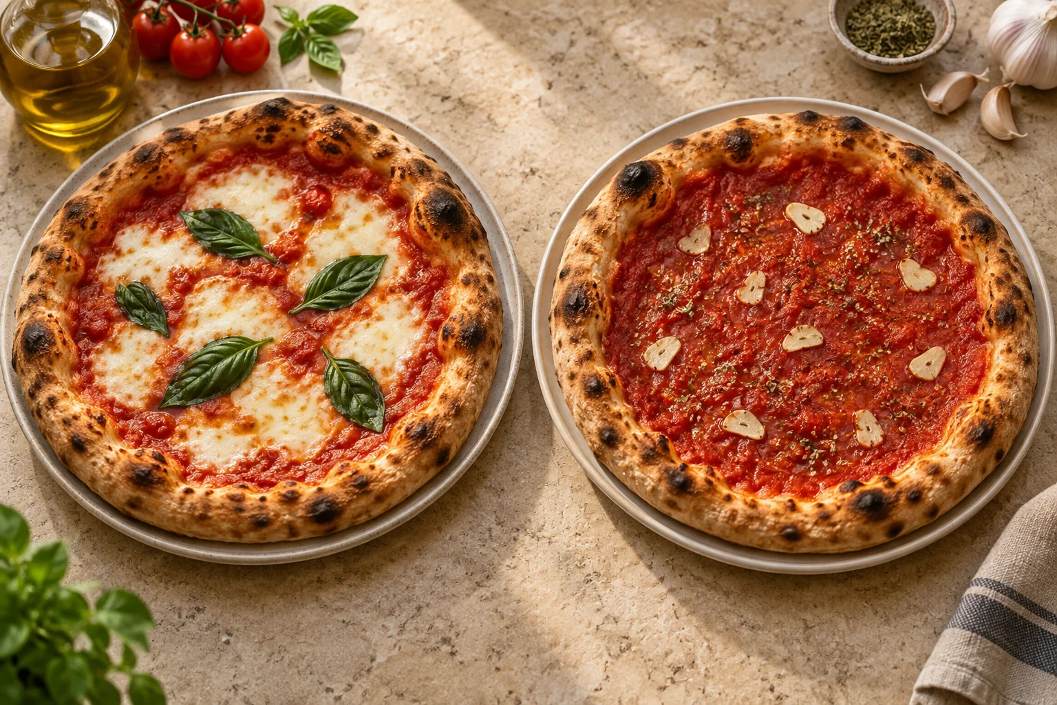 Margherita mit Mozzarella und Basilikum neben Marinara mit Knoblauch und Oregano