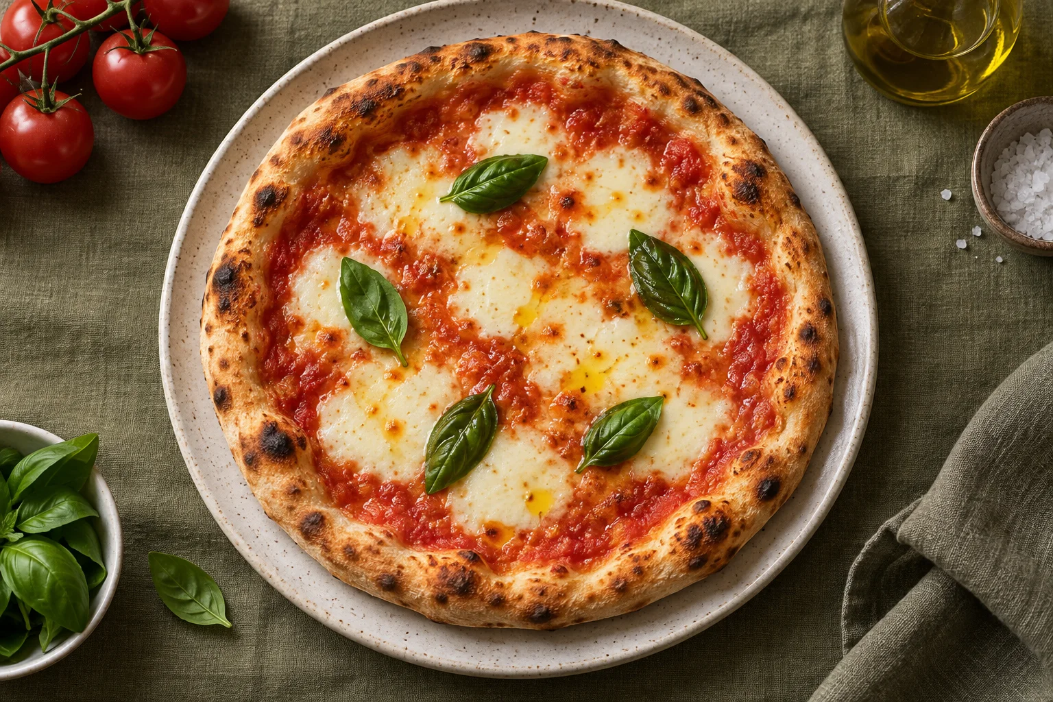 Pizza Margherita mit Tomate, Mozzarella und Basilikum auf einem Keramikteller