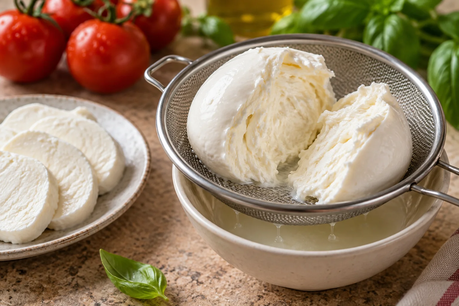 Aufgerissener Mozzarella im Sieb und festere Mozzarellascheiben daneben