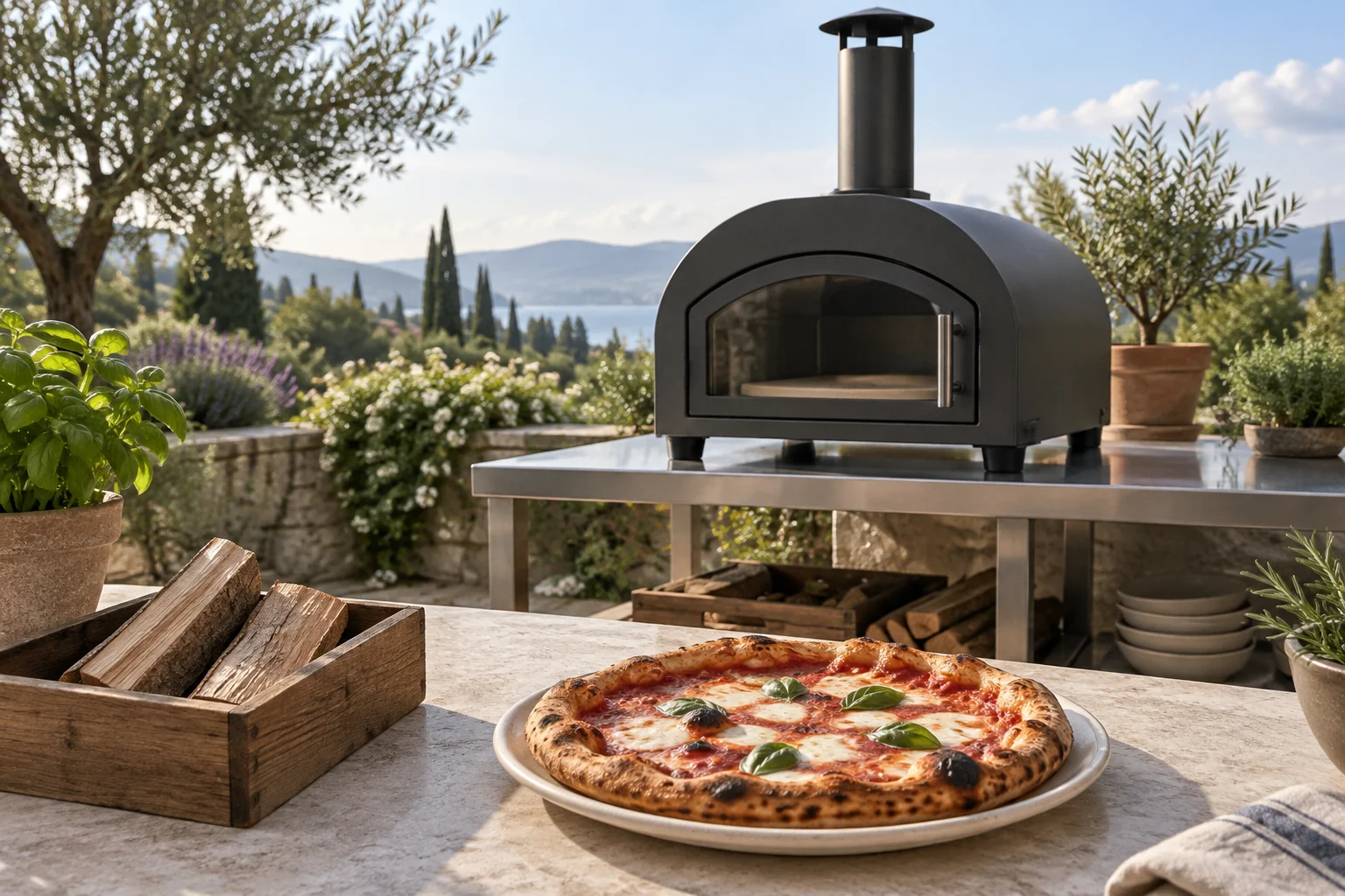 Pizza auf einem Teller vor einem geschlossenen Pizzaofen mit Glastür auf einer Terrasse