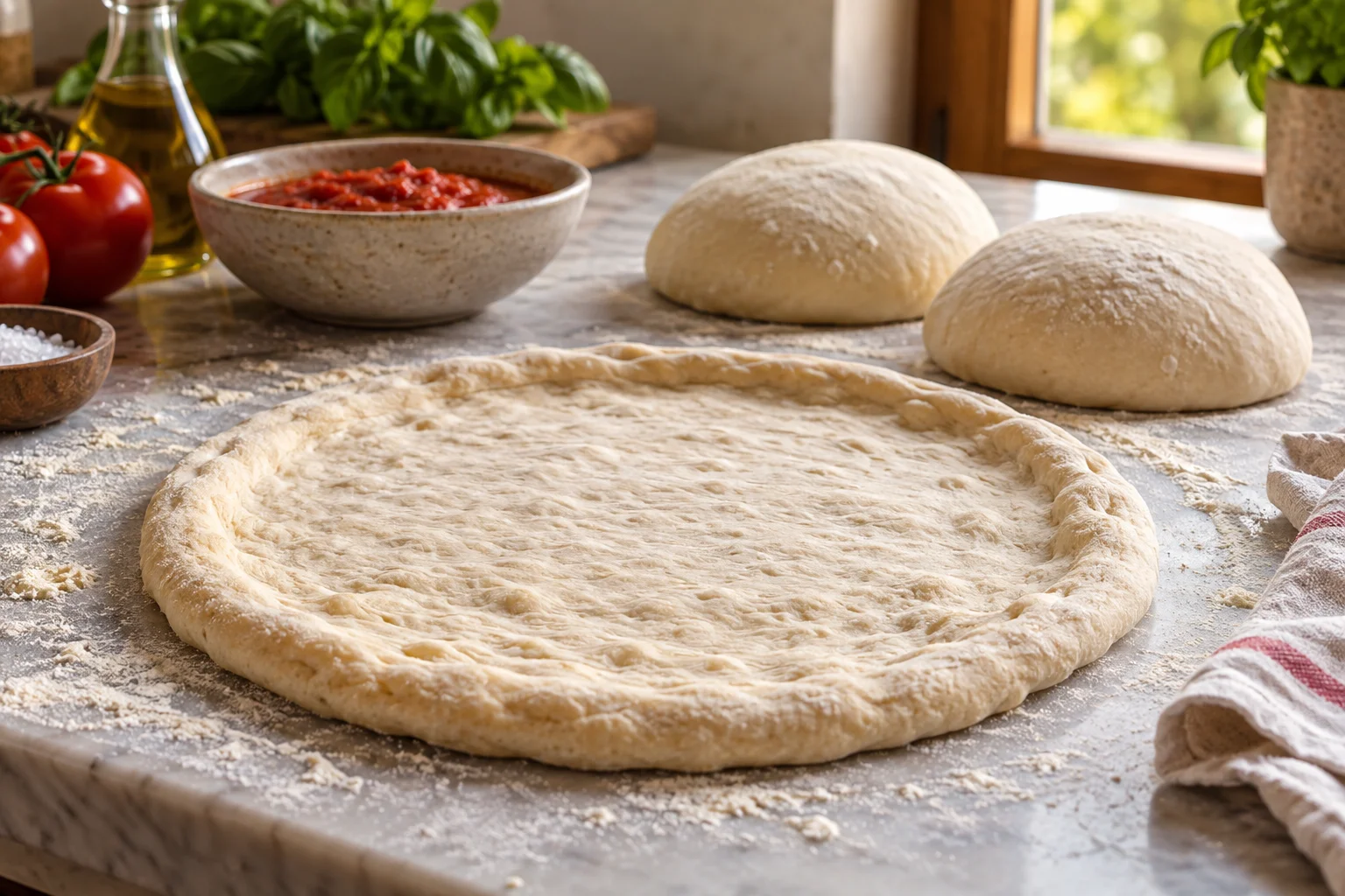 Ausgezogener Pizzateig mit freigelassenem Rand und zwei Teiglingen auf der Arbeitsfläche