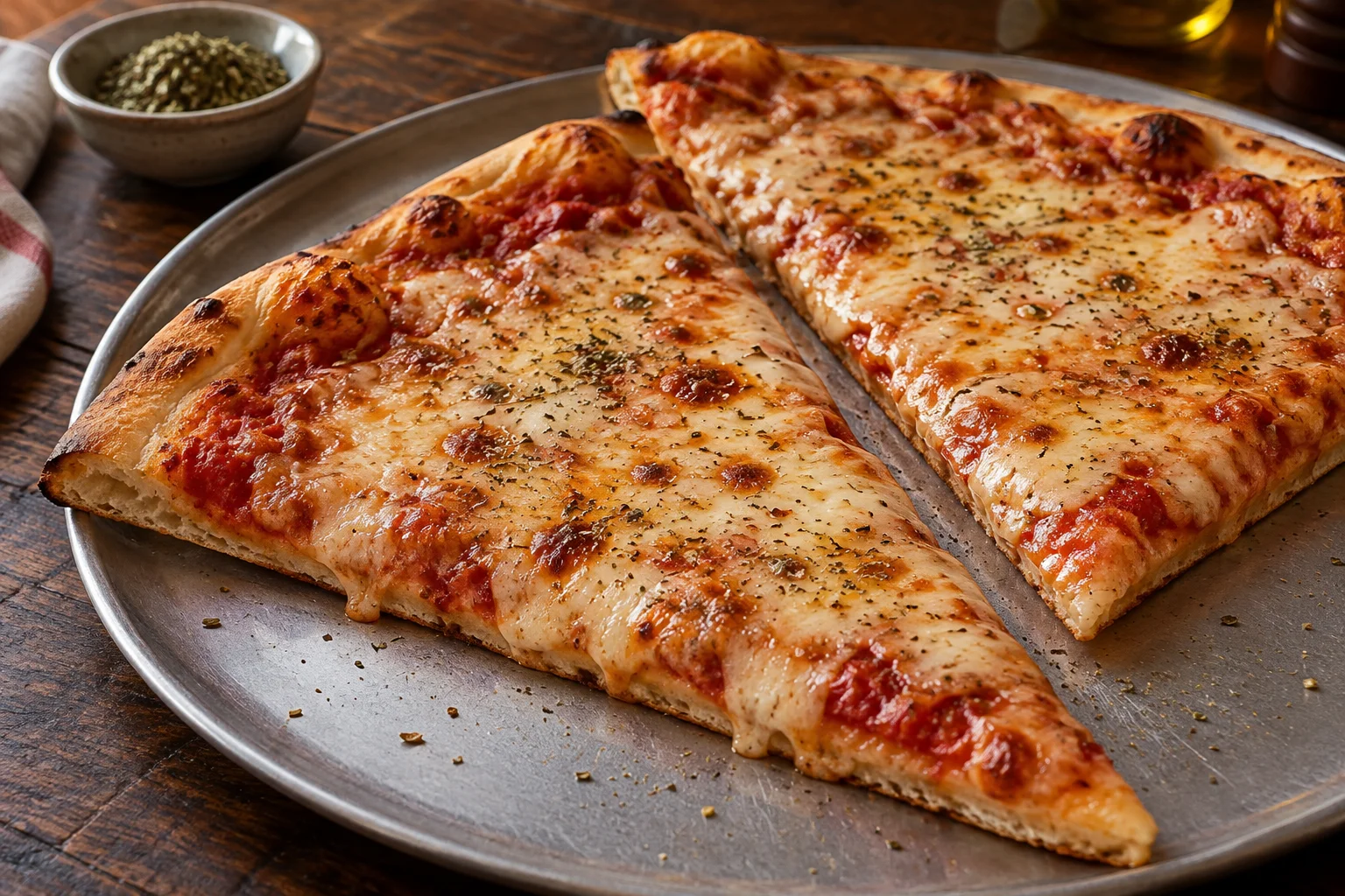 Große dünne Pizzastücke mit geschmolzenem Käse auf einem schlichten Metallteller