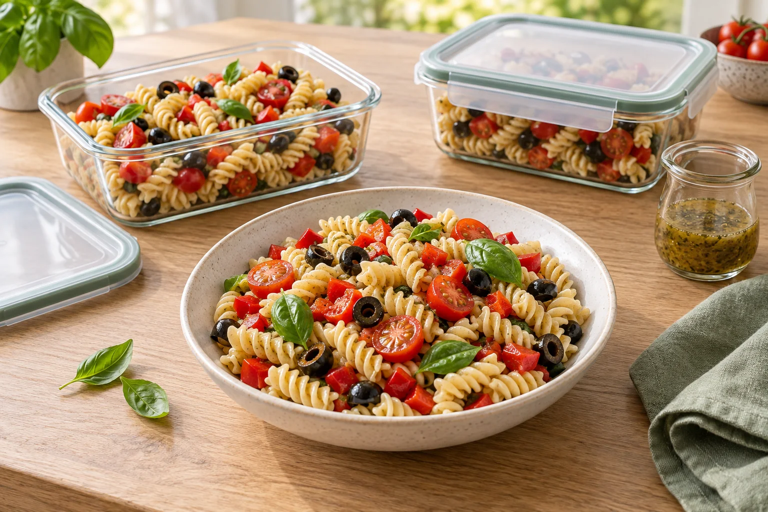 Fusilli-Salat mit Paprika, Tomaten und Oliven neben verschließbaren Behältern