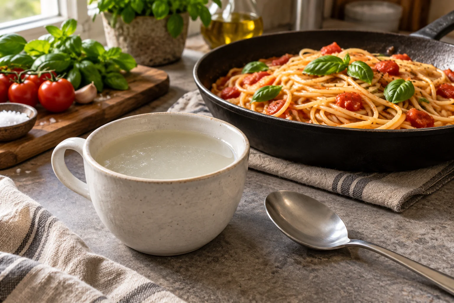 Tasse mit trübem Nudelwasser neben Pasta in Tomatensauce