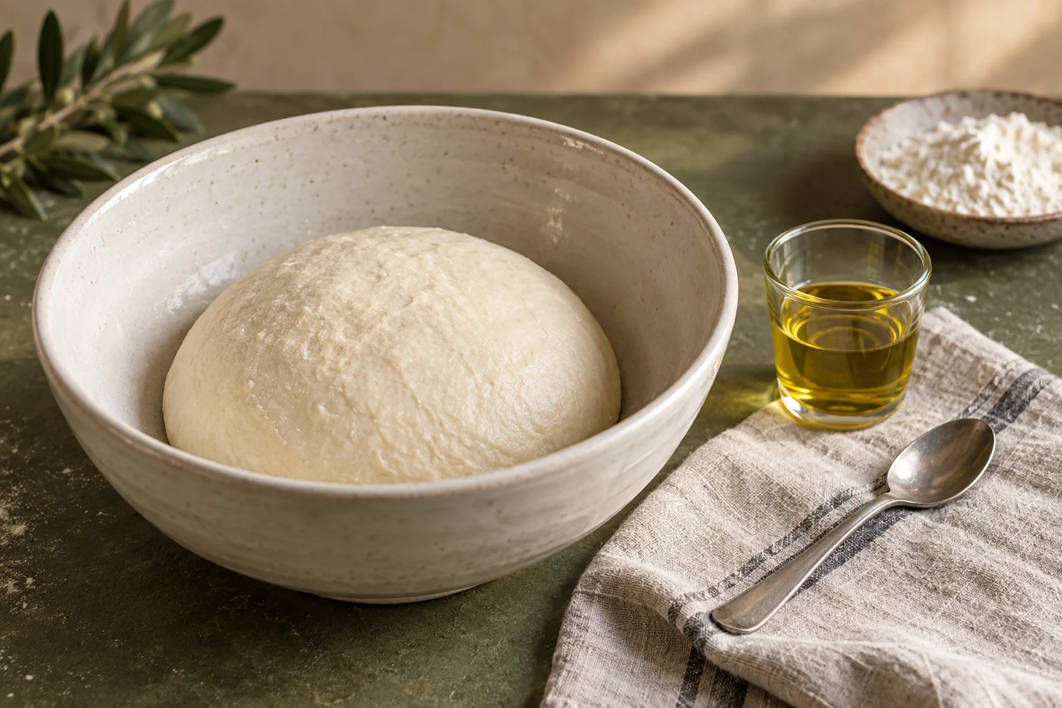 Pizzateig in einer Schüssel neben einem kleinen Glas Olivenöl
