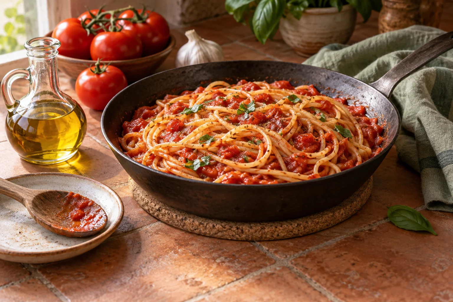 Lange Pasta in Tomatensauce neben einem kleinen Kännchen Olivenöl